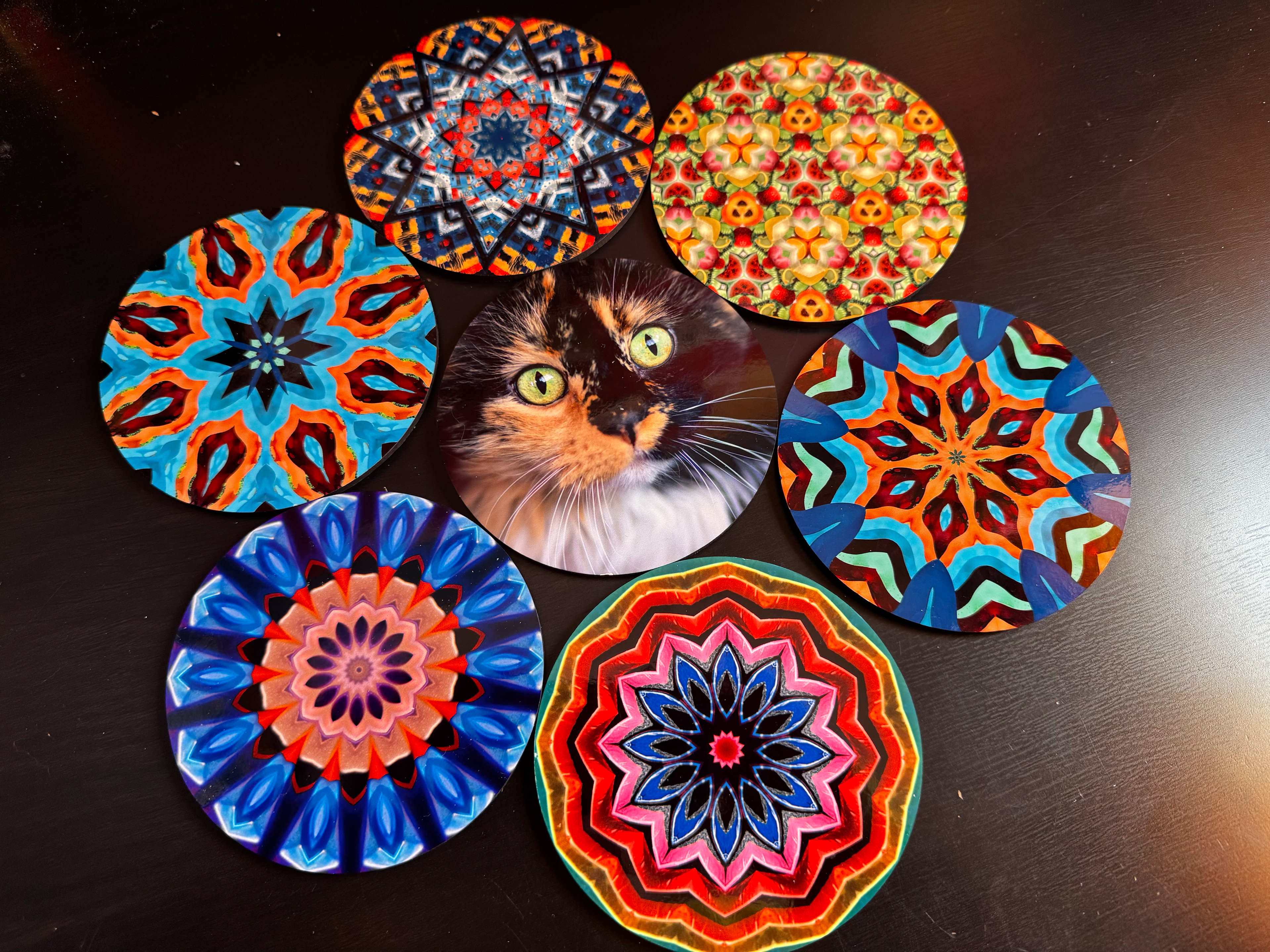 kaleidoscope and PJ the cat coasters