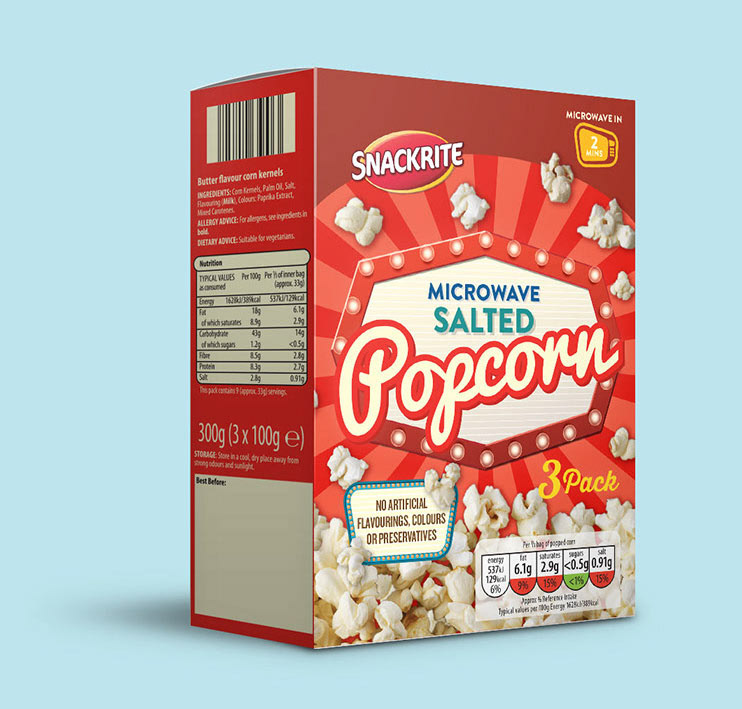 fmcg retail packaging design popcorn bag outer aldi dublin waterford newry ireland eye catching shelf standout microwave popcorn retro