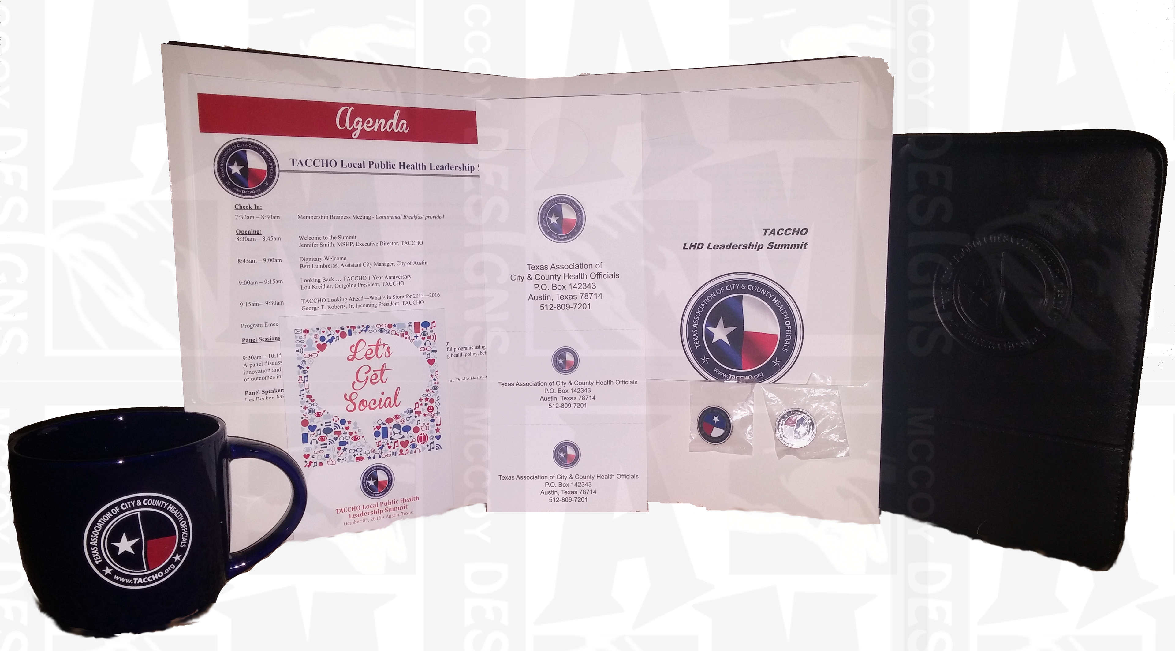 Texas Association of City and County Health Officials Branded documents and merchandise for a Leadership Summit.