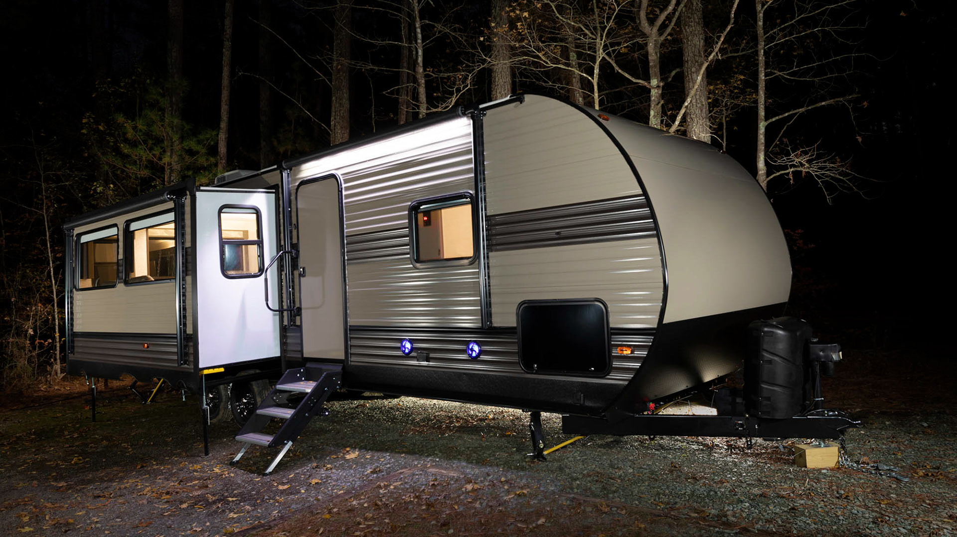 Camper trailer at night at Jordan Lake by Guy Sagi