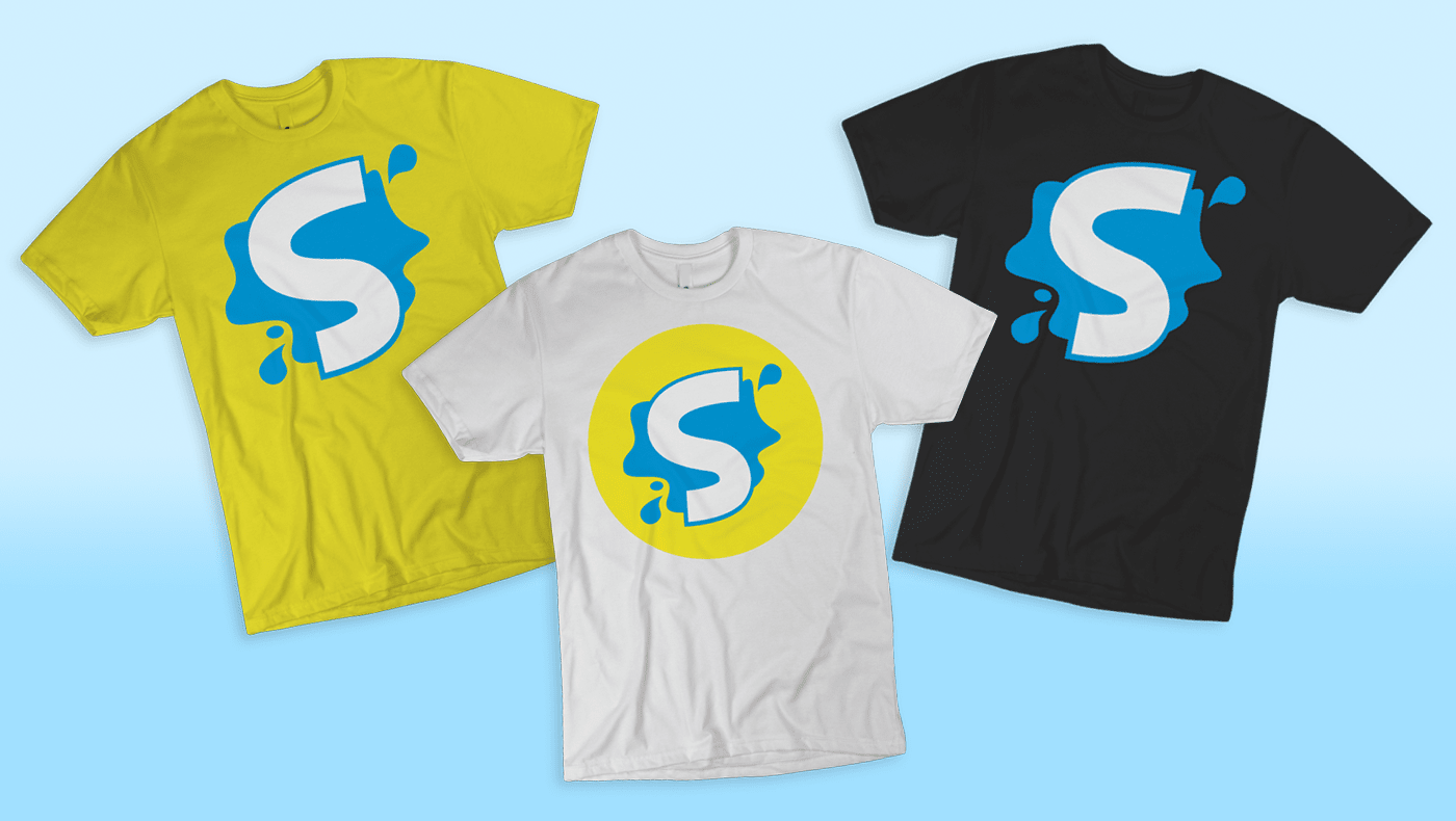 Splasher "S" logo concept featured on t-shirts for staff and students