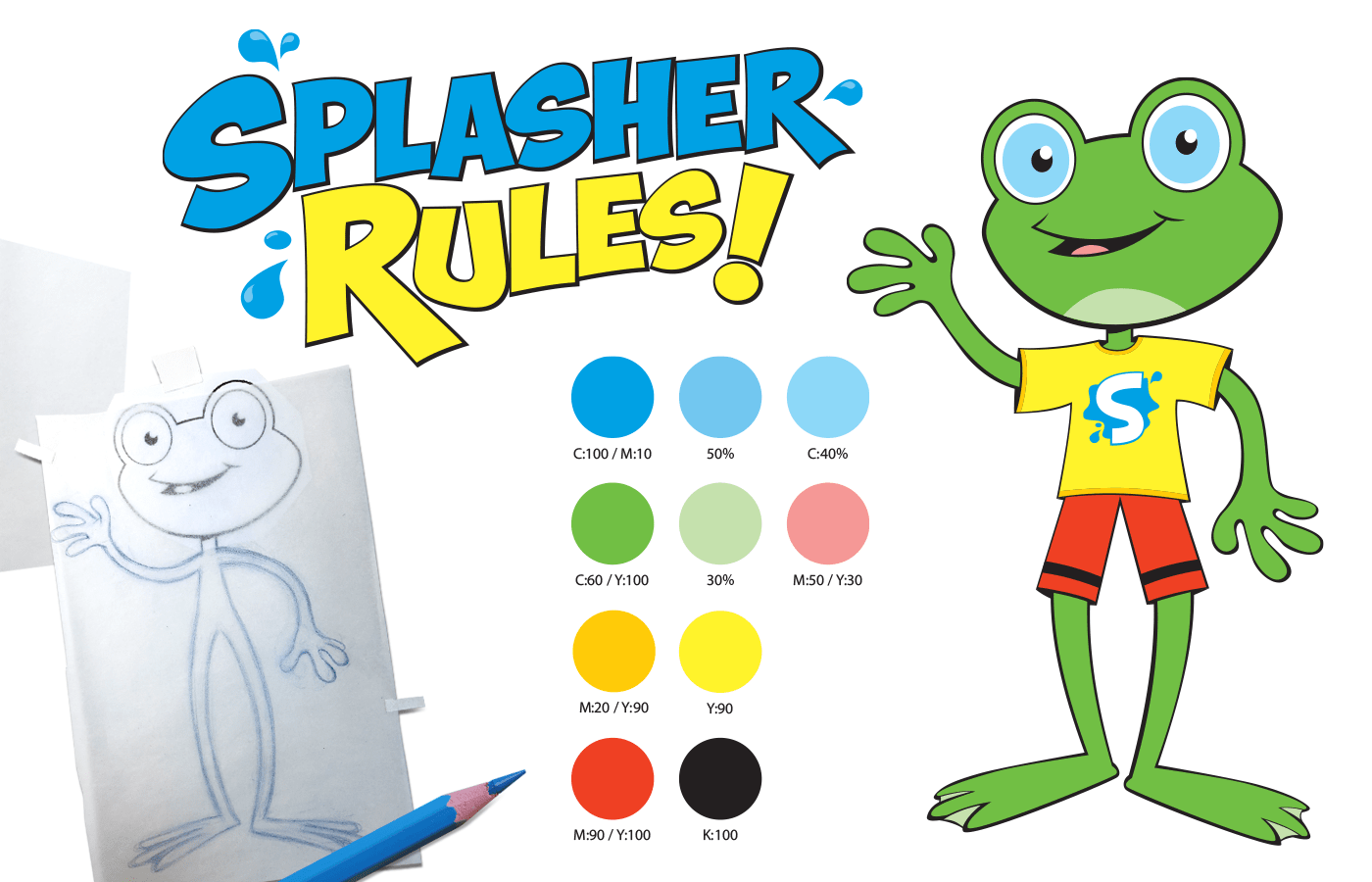 Mascot concept sketch, finished digital drawing, and color breakdown