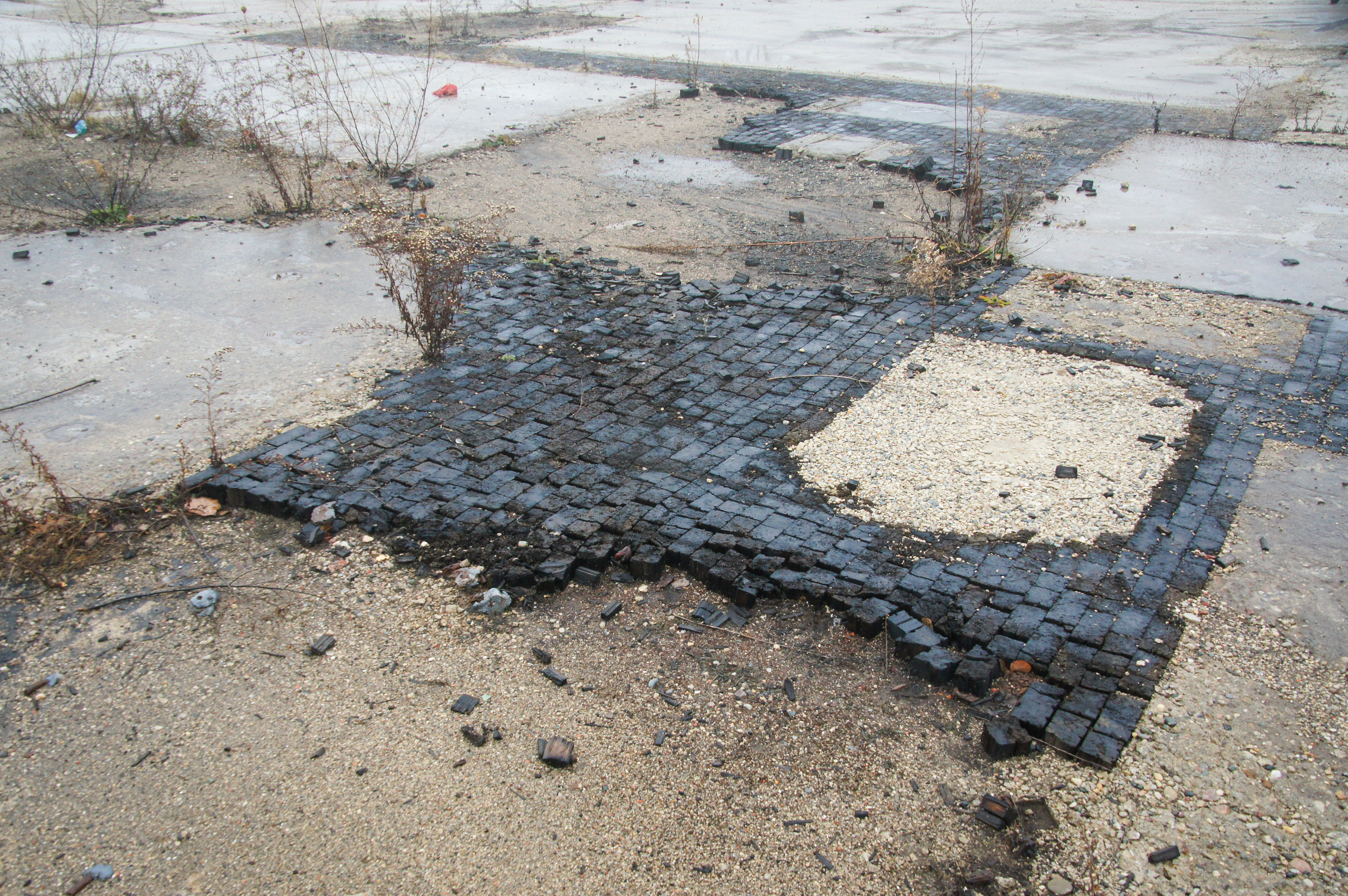 Remnants of the original wood brick flooring used in automotive plants in the early 20th century.