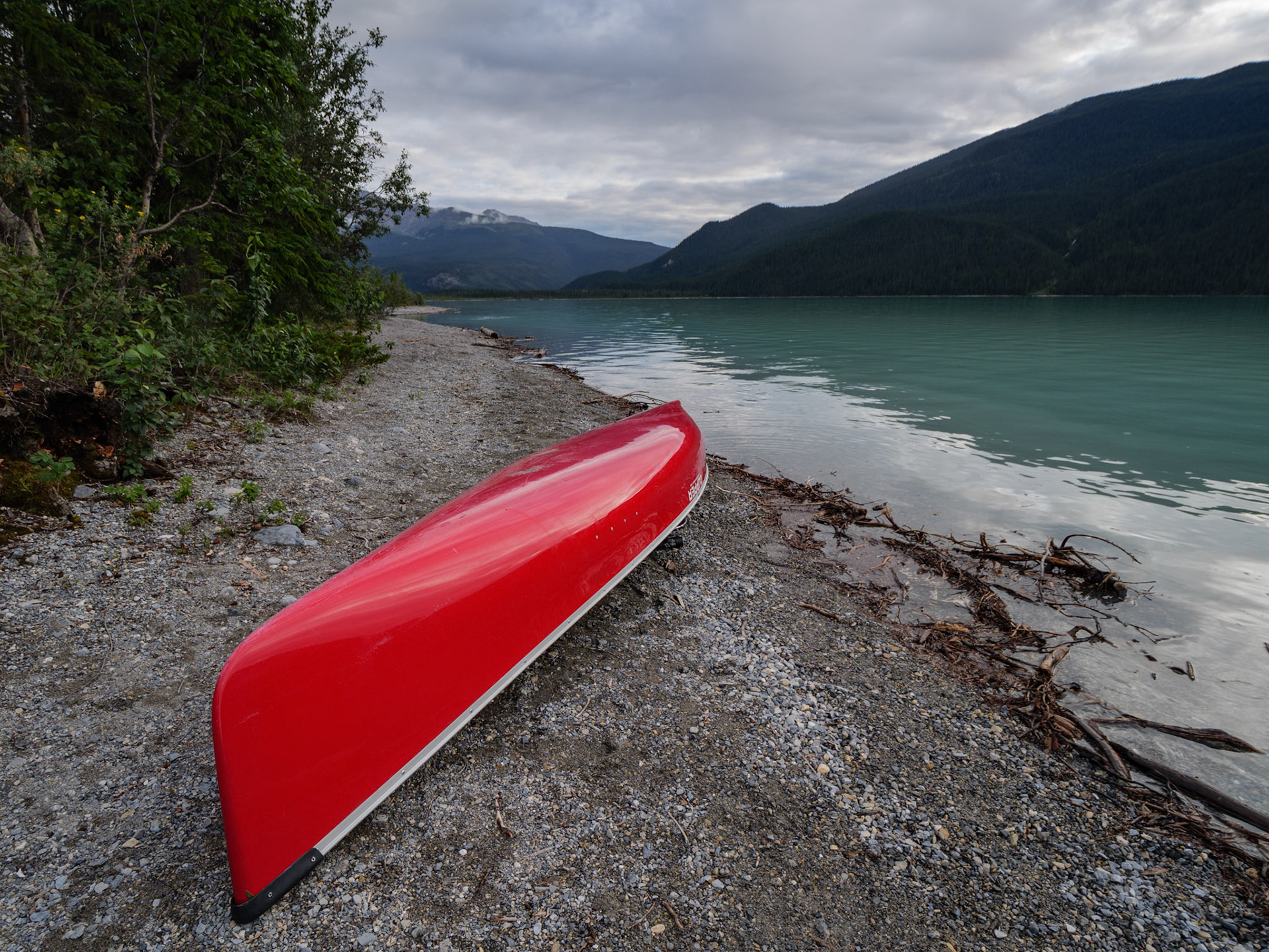 Our canoe along Muncho Lake in British Columbia, Canada.