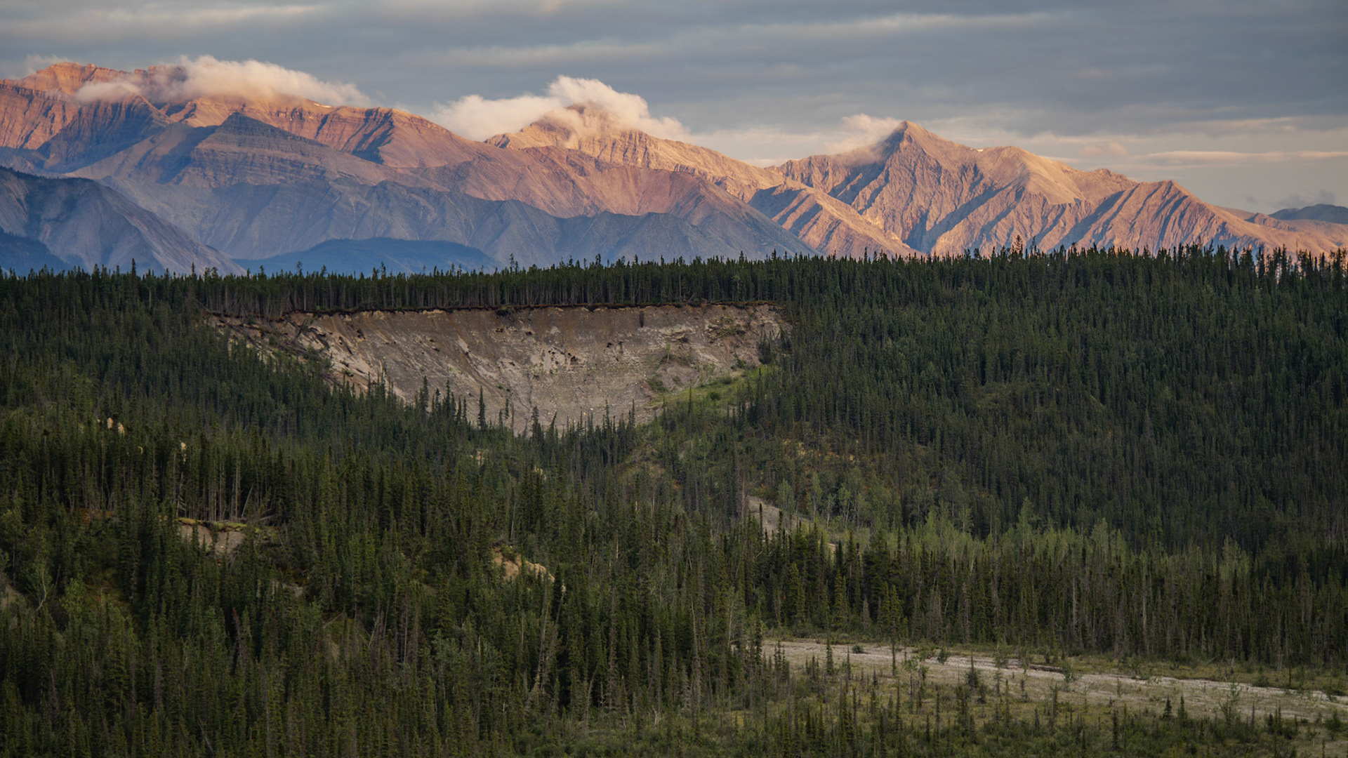Mountains in the distance catching the last rays of sun.