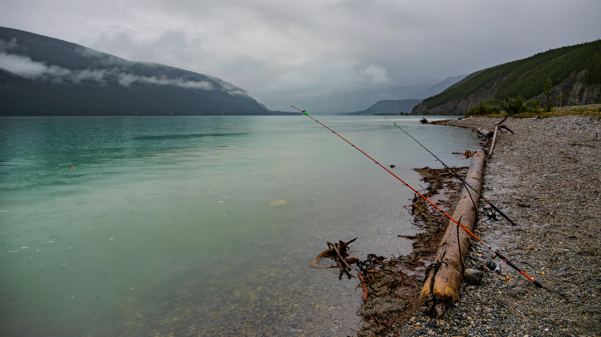 Waiting for a bite in the rain at Muncho Lake, British Columbia, Canada.