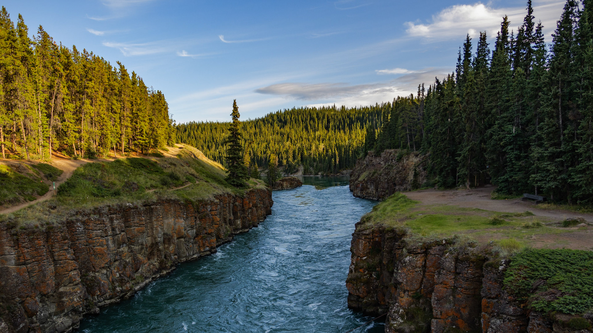 A view of the Yukon river from the bridge in Miles Canyon.