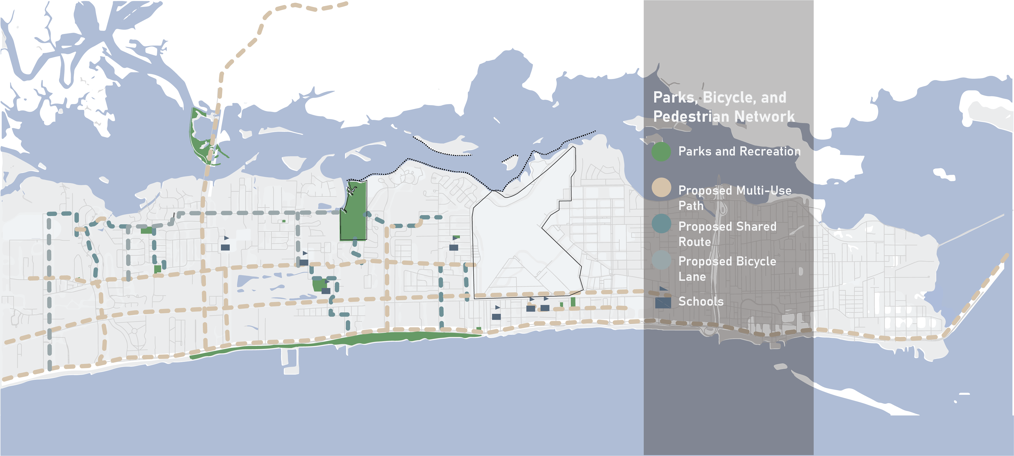 Hiller Park is a crucial recreation spot in Biloxi due to the park encompassing 31% of the total park land on the west side of the city. According to the American Planning Association, one acre of park and recreation is recommended for every 100 people. (American Planning Association, 1965) There are 21,433 people within a two-mile radius of Hiller Park, prompting a recommendation of 214 acres of parkland. Currently, 247.94 acres of park and recreation support the population, with Hiller Park representing an enormous land mass of park and recreation at 77.7 acres.