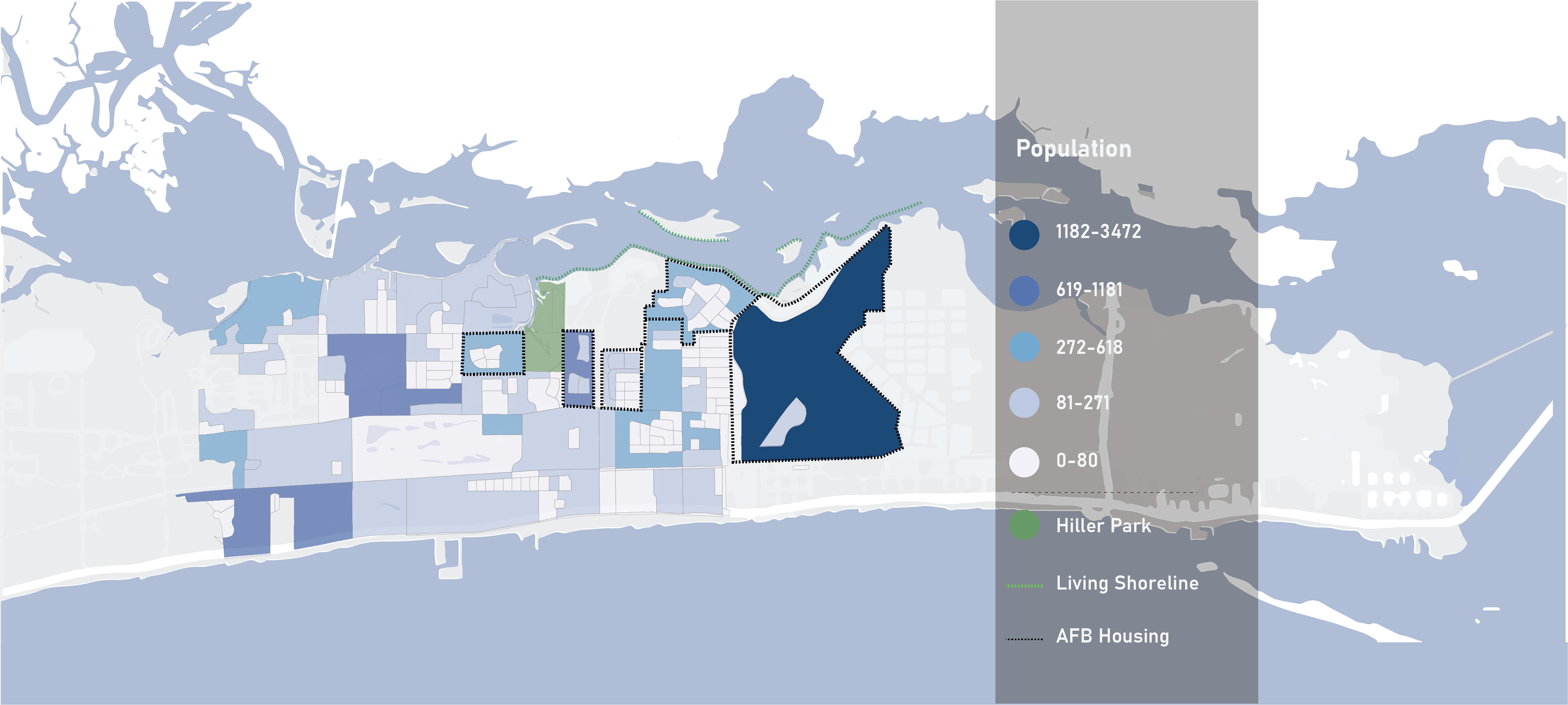 The Keesler Air Force Base, Veterans Housing, and other Military Housing are among the highest concentrations of population in West Biloxi. Changing climate conditions among the population were reviewed such as flood zones and sea level rise.