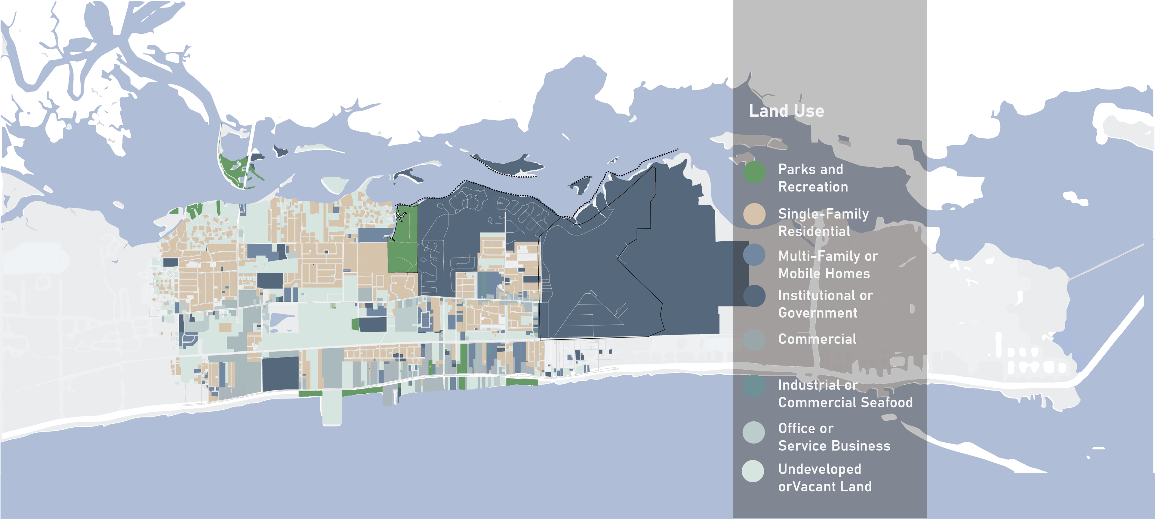 The way land is used near the park and the shoreline along with traffic conditions and pedestrian networks, delivered key insights that supported functional design options. For example, Hiller Park is the largest land mass of parks and recreation in West Biloxi being a third of all parks available and being interconnected through shared used paths to major arterial roads that feature goods, services, and retail.