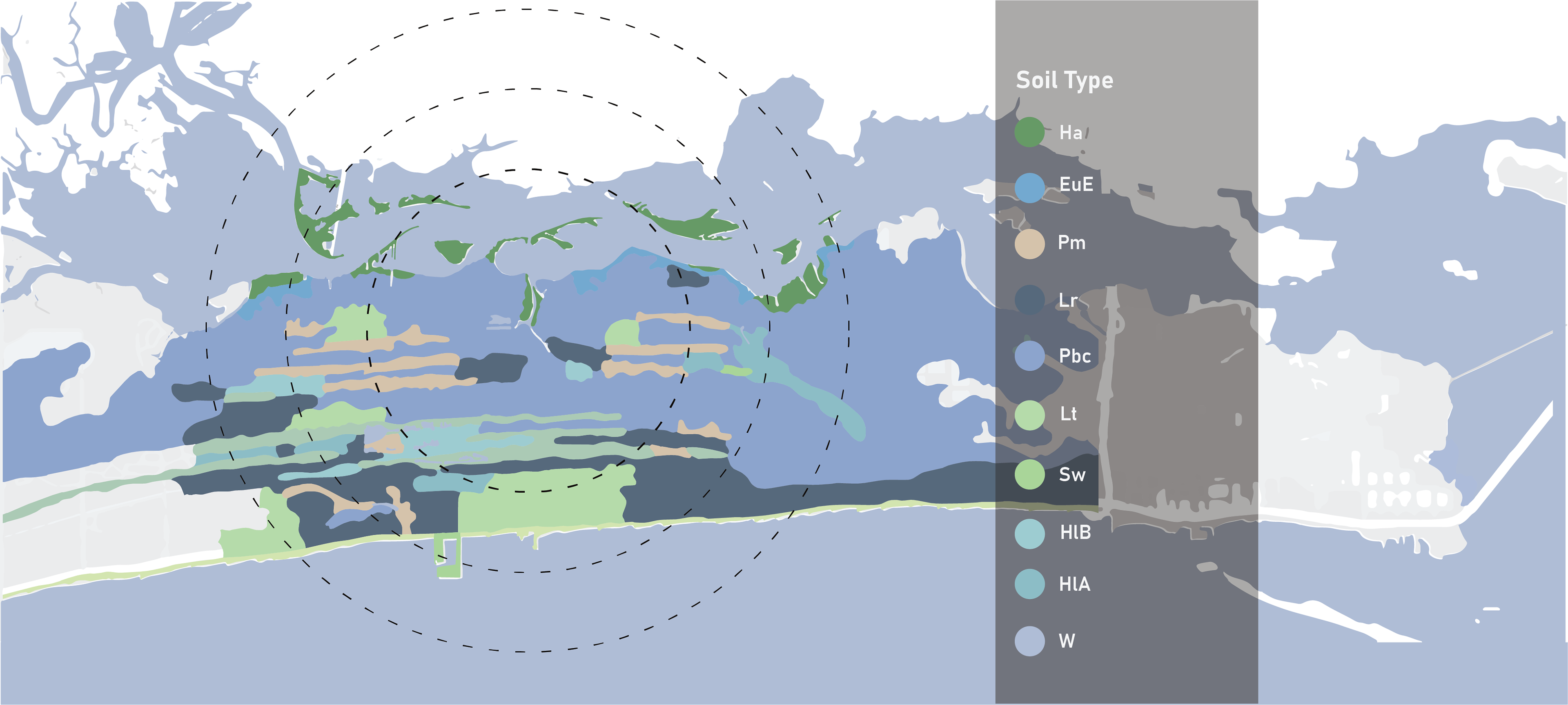 With majority developed land at medium intensity, substantial tree canopy, and well-drained soil, the environmental conditions of this project areas delivers a conditional assessment for ecological possibilities. PbC – Thermic, coated Aquic Quartzipsomments --> Moderately well drained Ha – Euic, thermic Typic Sulfihemists --> Poorly drained Lr – Thermic, coated Typic Quartzipsomments --> Very well drained EuE – Loamy, Siliceous, subactive, thermic Grossaremic Paleudults --> Very well drained
