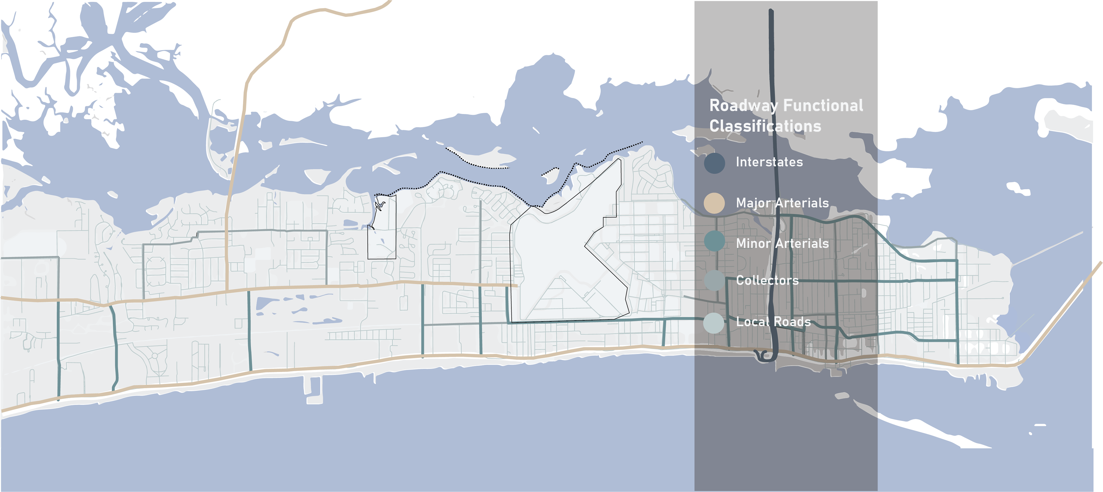 The Biloxi comprehensive plan contemplates various strategies that aim to improve the condition of the infrastructure network that links community assets together. Pass Road, Atkinson Road, and Veterans Ave are key roadways that high amounts of traffic and therefore have become candidates for proposed complete street streetscape interventions. Plans for this area will increase the amount of linear feet of protected bike lanes and shared use paths ultimately connecting more users to the park and the shoreline.