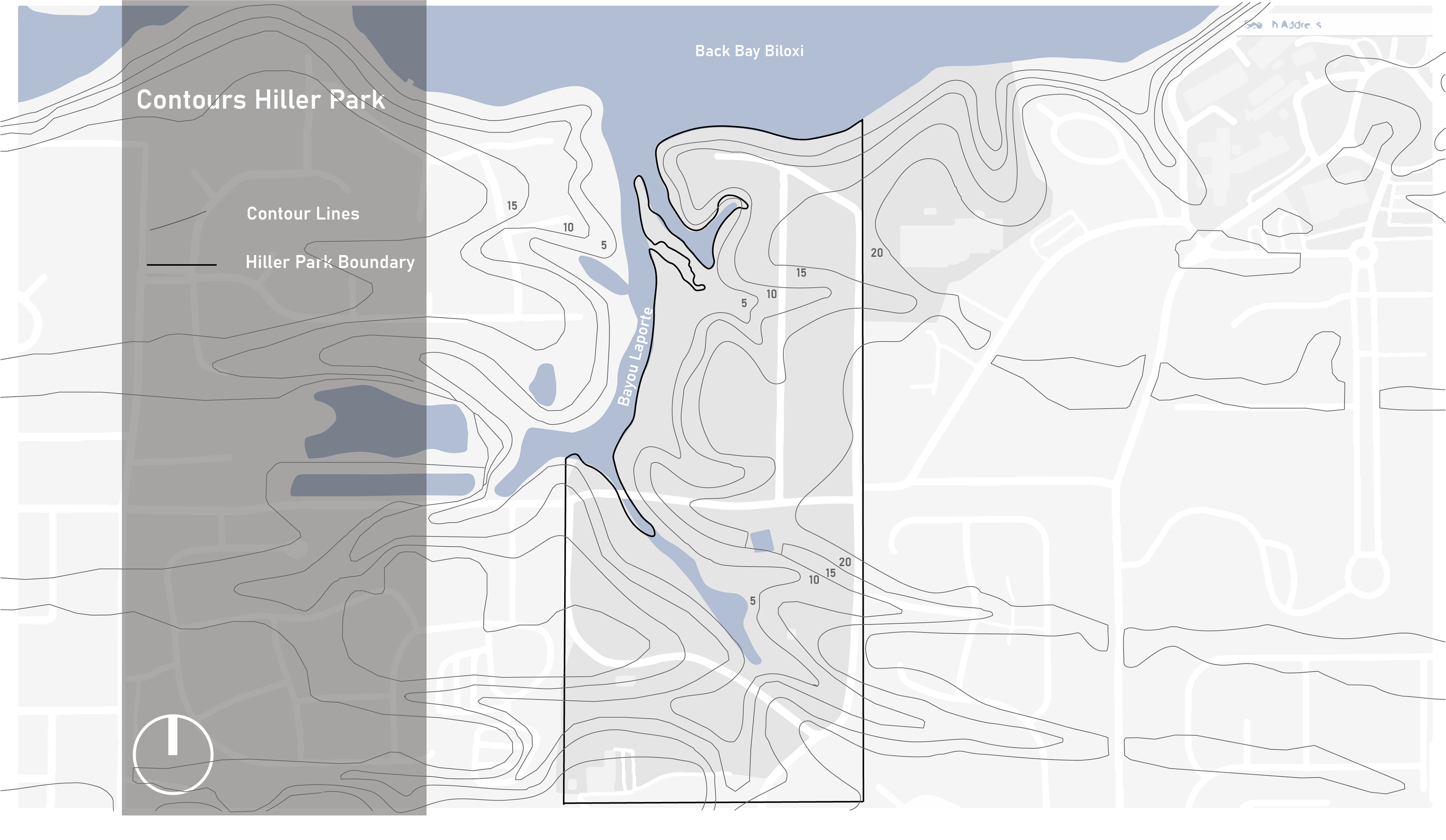 This map shows the 5-feet contour lines in Hiller Park. The topography slopes down from the neighborhood toward the water bodies.