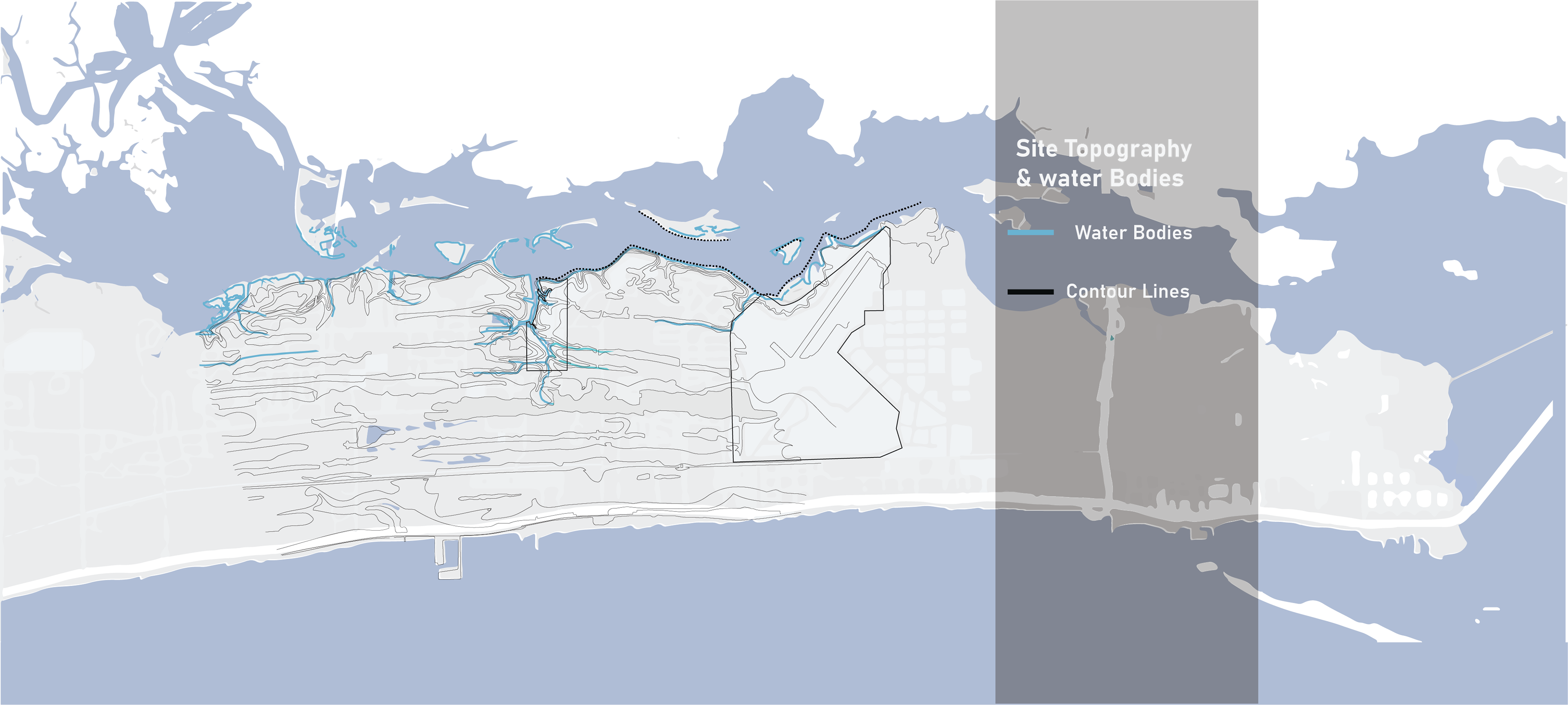 This map depicts the topography and water bodies in the site area. The highest elevation in the project area is VA Hospital, while the lowest and the most vulnerable site is Keesler AFB.