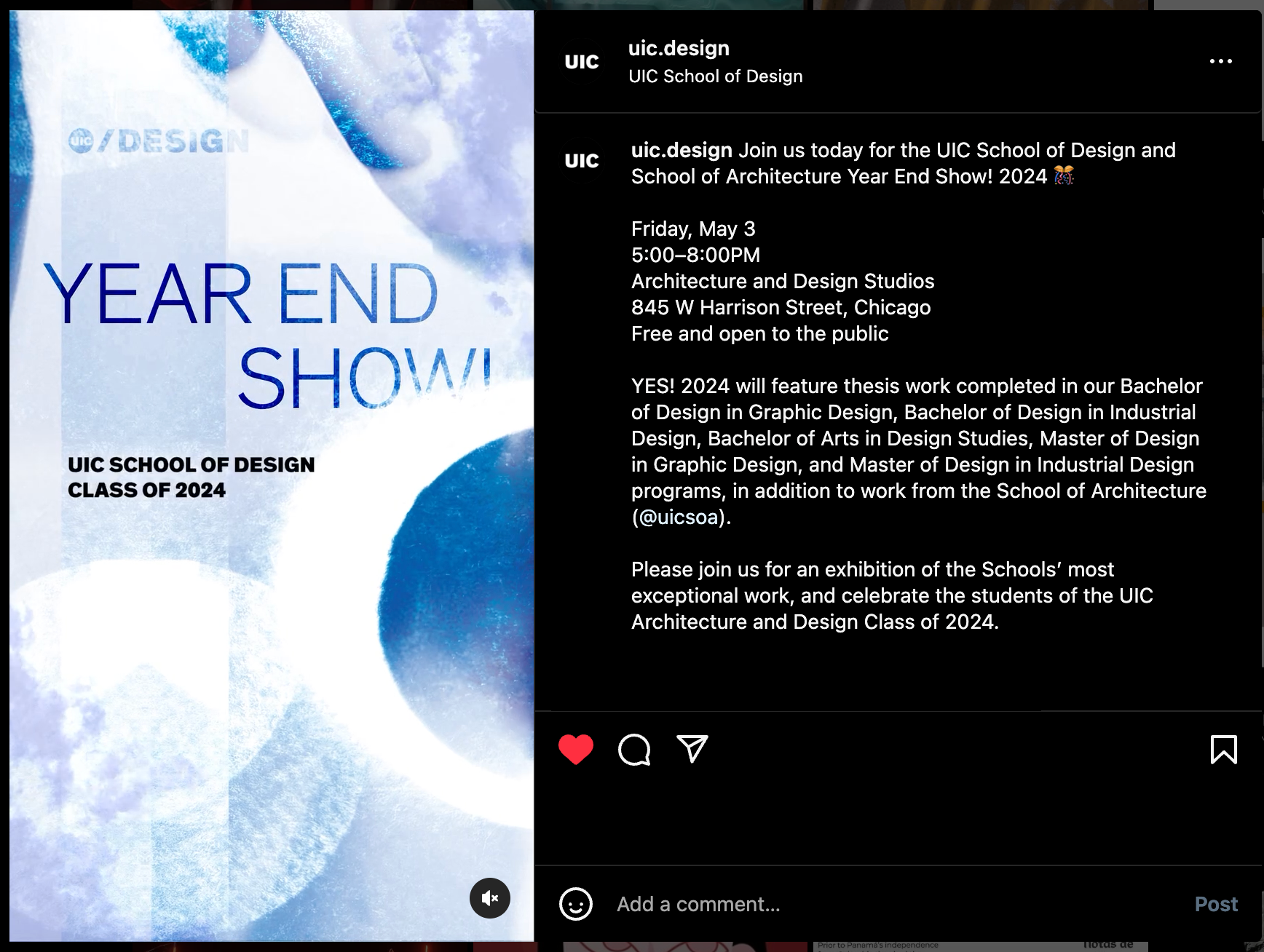 UIC School of Design Instagram Announcement
