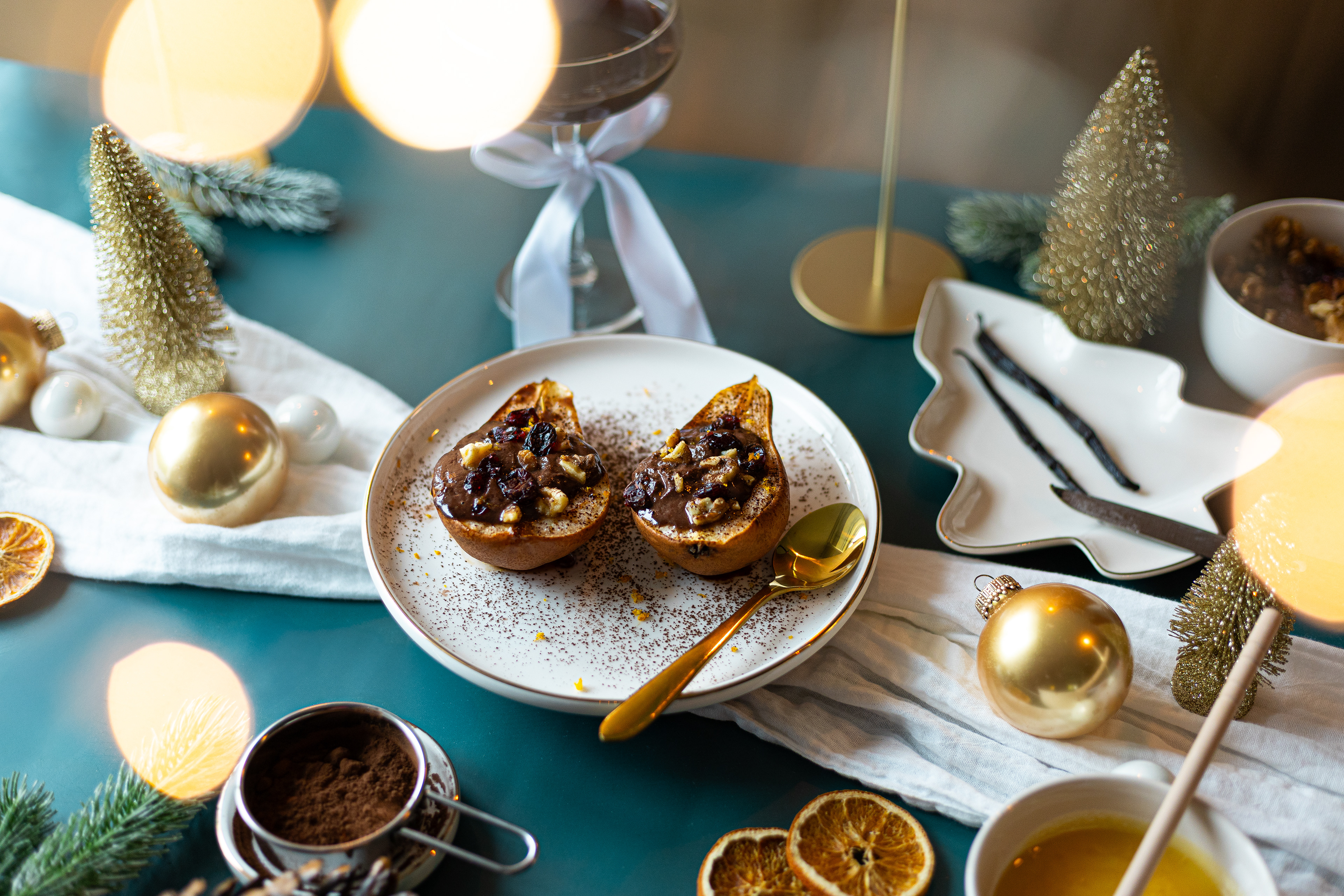 Weihnachtsmenü für Tegut: gebackene Birne mit Kakao-Creme © Evelyn Klein