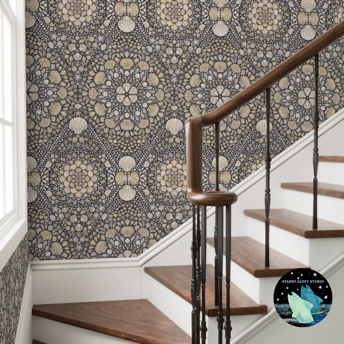 Charcoal and Regency Yellow https://www.spoonflower.com/en/wallpaper/21476583-a-la-ronde-shell-grotto-charcoal-and-regency-yellow-by-starry_gazey_studio