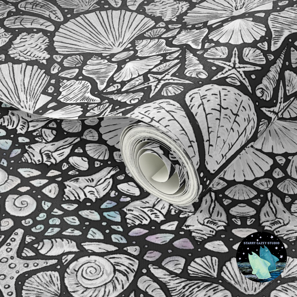 Monochrome with drawn iridescence https://www.spoonflower.com/en/wallpaper/21476465-a-la-ronde-shell-grotto-charcoal-gleam-option-by-starry_gazey_studio