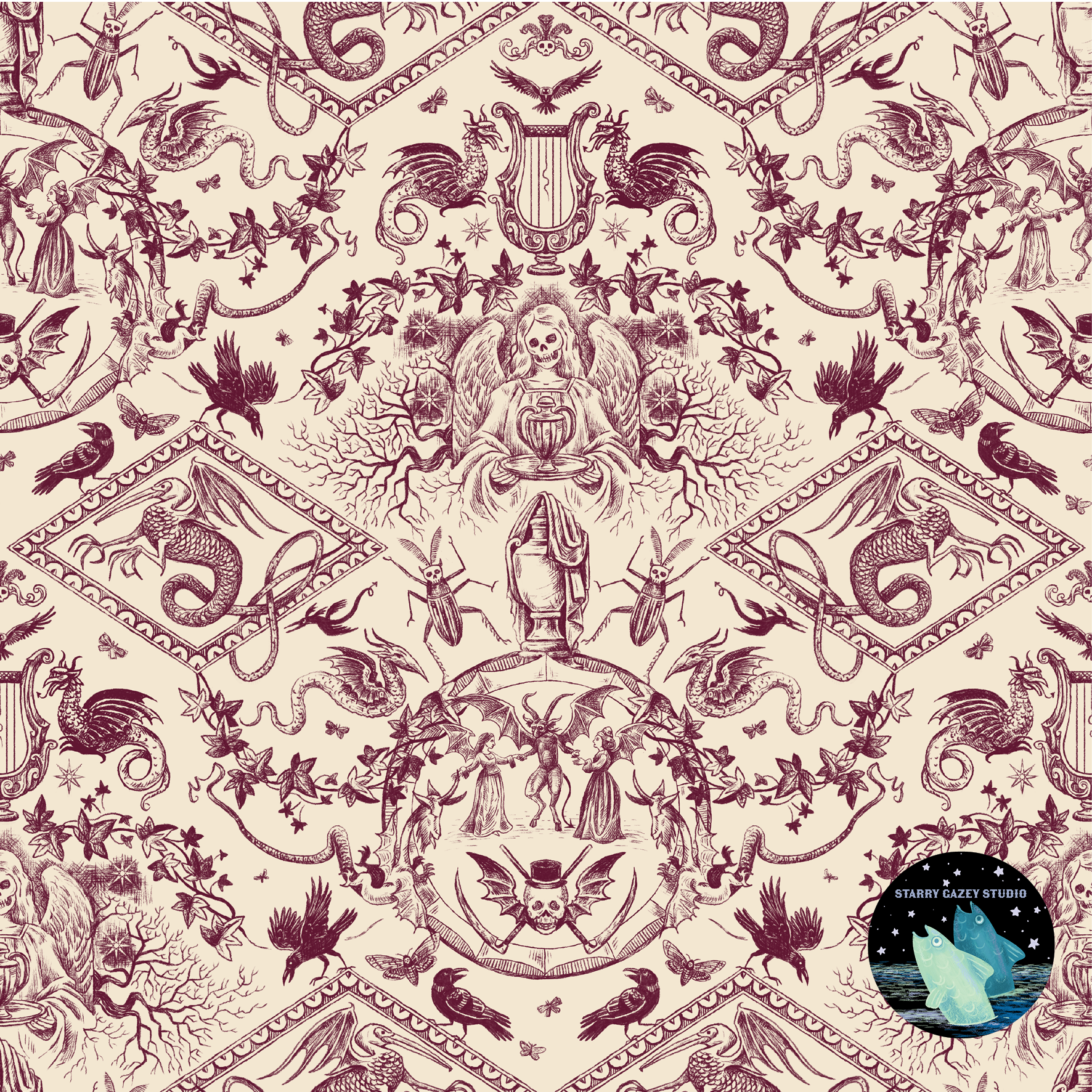 Cabernet Toile Wallaper: https://www.spoonflower.com/en/wallpaper/19478594-dejeuner-de-la-doom-cabernet-toile-by-starry_gazey_studio