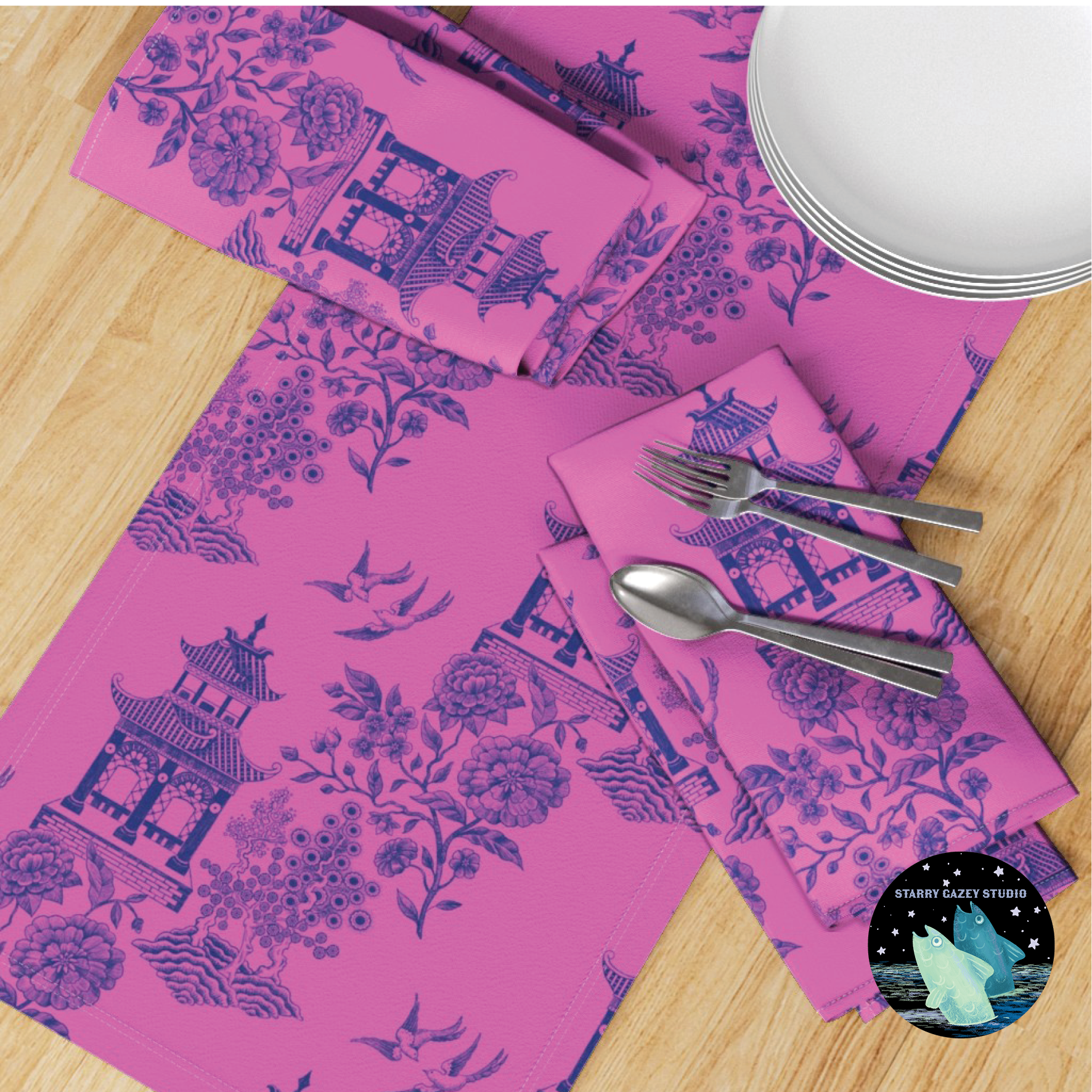 Blue on Pink Fabric: https://www.spoonflower.com/en/fabric/20854968-oriente-modern-blue-on-pink-by-starry_gazey_studio?sku=fbty-pf-yd-f130