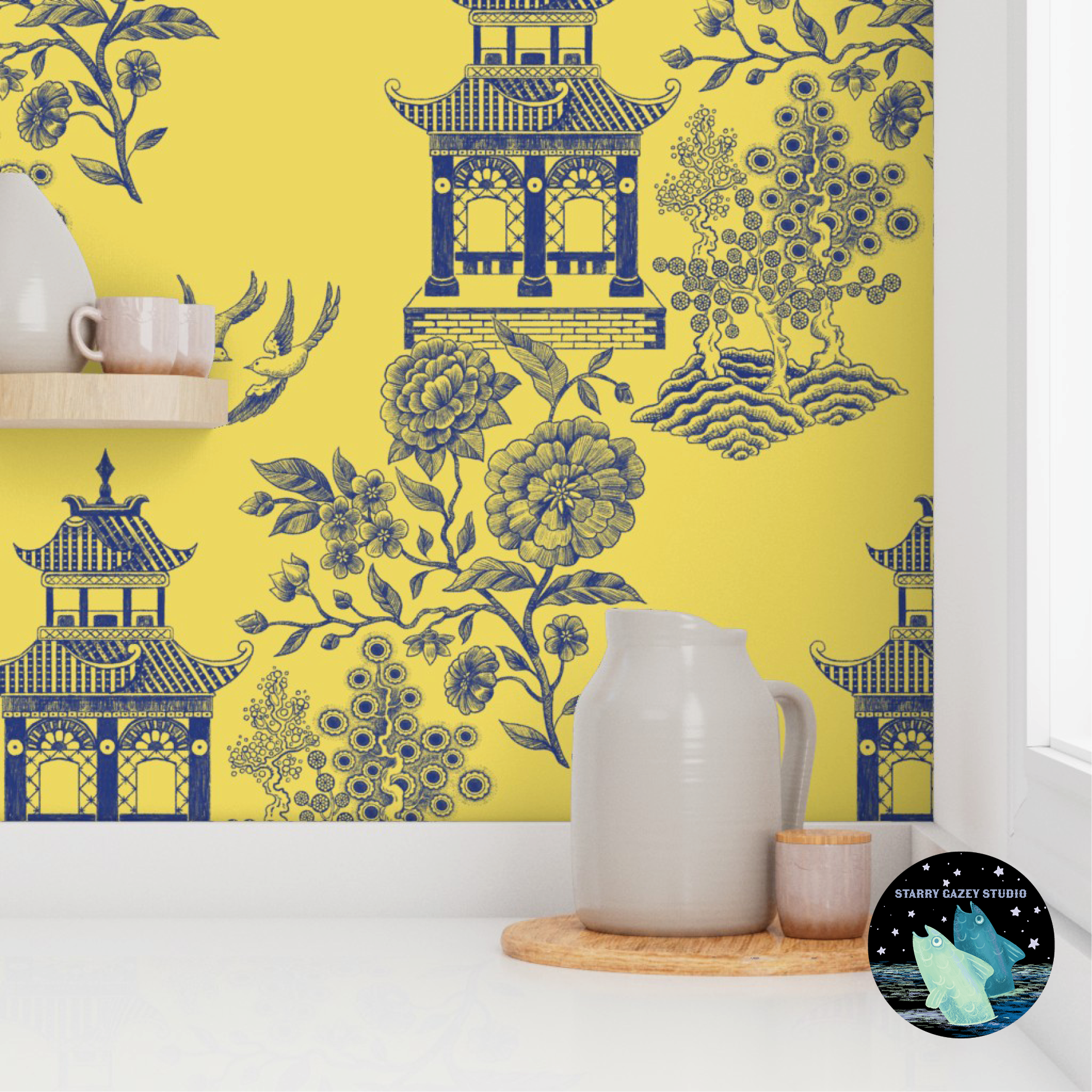Blue on yellow Wallpaper: https://www.spoonflower.com/en/wallpaper/20847288-oriente-modern-blue-on-yellow-by-starry_gazey_studio