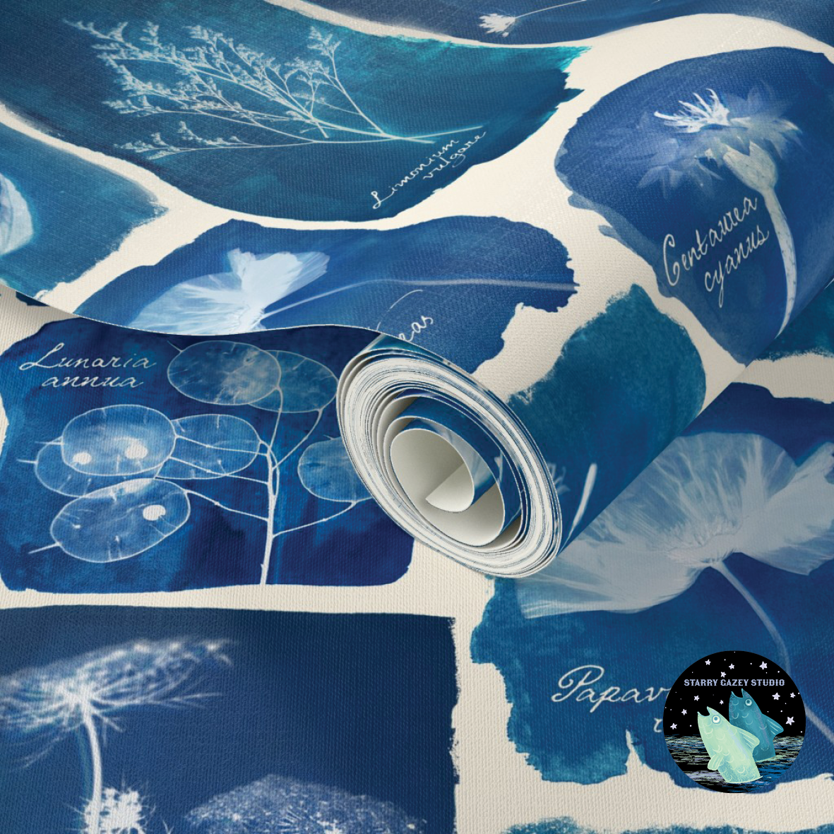 Notes from the Meadow - a Wildflower Cyanotype Study Wallpaper: https://www.spoonflower.com/en/wallpaper/21259918-notes-from-the-meadow-a-wildflower-cyanotype-study-by-starry_gazey_studio