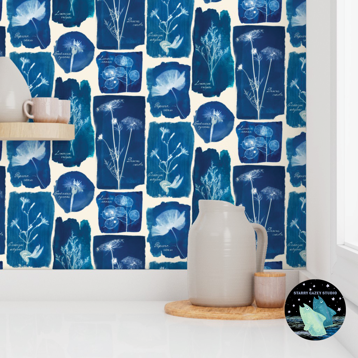 Notes from the Meadow - a Wildflower Cyanotype Study Wallpaper: https://www.spoonflower.com/en/wallpaper/21259918-notes-from-the-meadow-a-wildflower-cyanotype-study-by-starry_gazey_studio