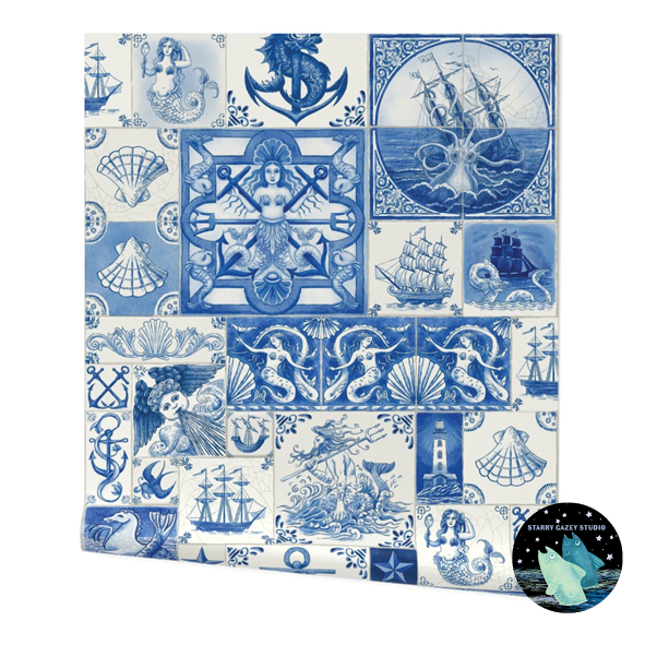 All the Sea I Could Carry Home Delft Wallpaper: https://www.spoonflower.com/en/wallpaper/20981899-all-the-sea-i-could-carry-home-a-wall-of-delft-for-the-sea-obsessed-by-starry_gazey_studio