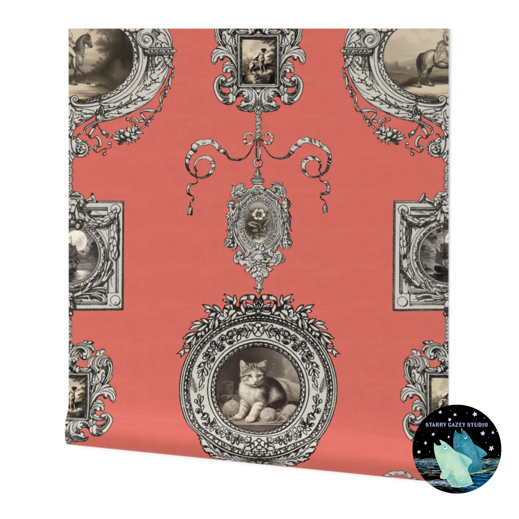 Coral Sunset Wallpaper: https://www.spoonflower.com/en/wallpaper/18202923-regency-print-room-in-coral-by-starry_gazey_studio?sku=wall-pw-i12-w127