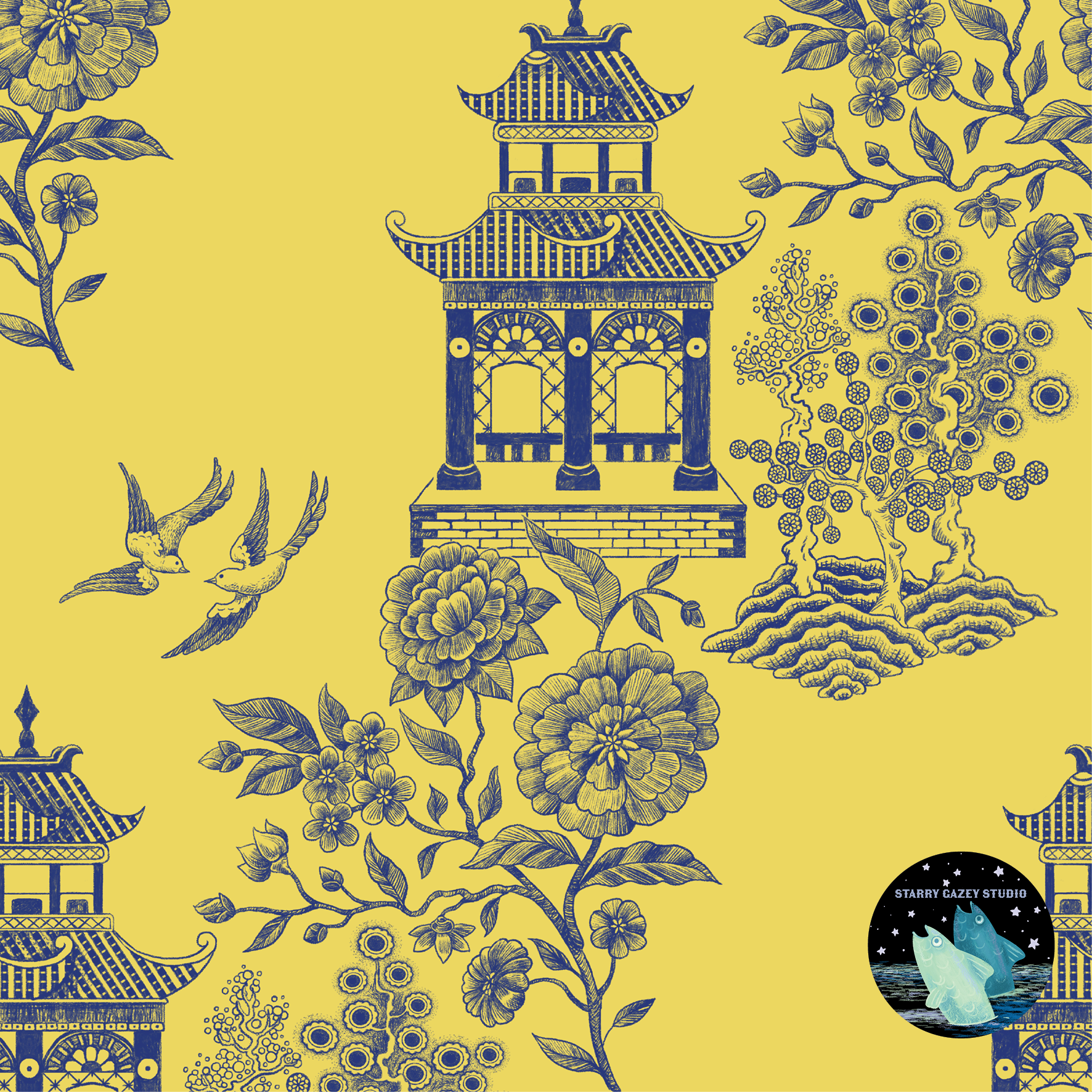 Blue on yellow Wallpaper: https://www.spoonflower.com/en/wallpaper/20847288-oriente-modern-blue-on-yellow-by-starry_gazey_studio