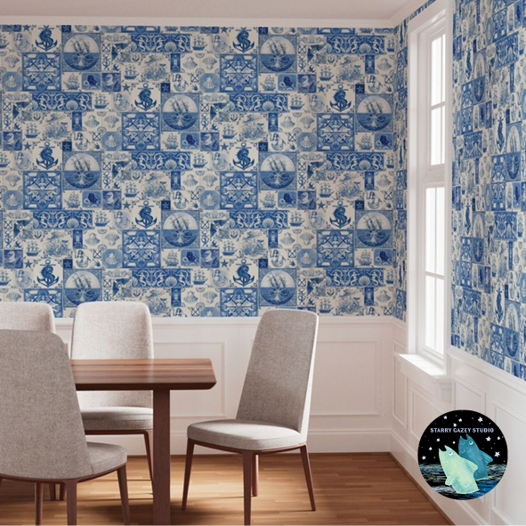 All the Sea I Could Carry Home Delft Wallpaper: https://www.spoonflower.com/en/wallpaper/20981899-all-the-sea-i-could-carry-home-a-wall-of-delft-for-the-sea-obsessed-by-starry_gazey_studio