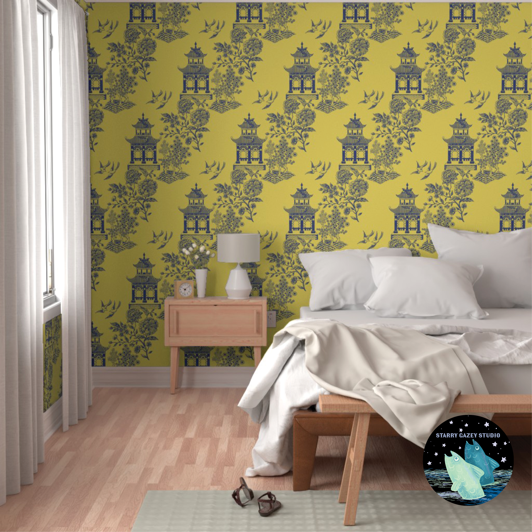 Blue on yellow Wallpaper: https://www.spoonflower.com/en/wallpaper/20847288-oriente-modern-blue-on-yellow-by-starry_gazey_studio