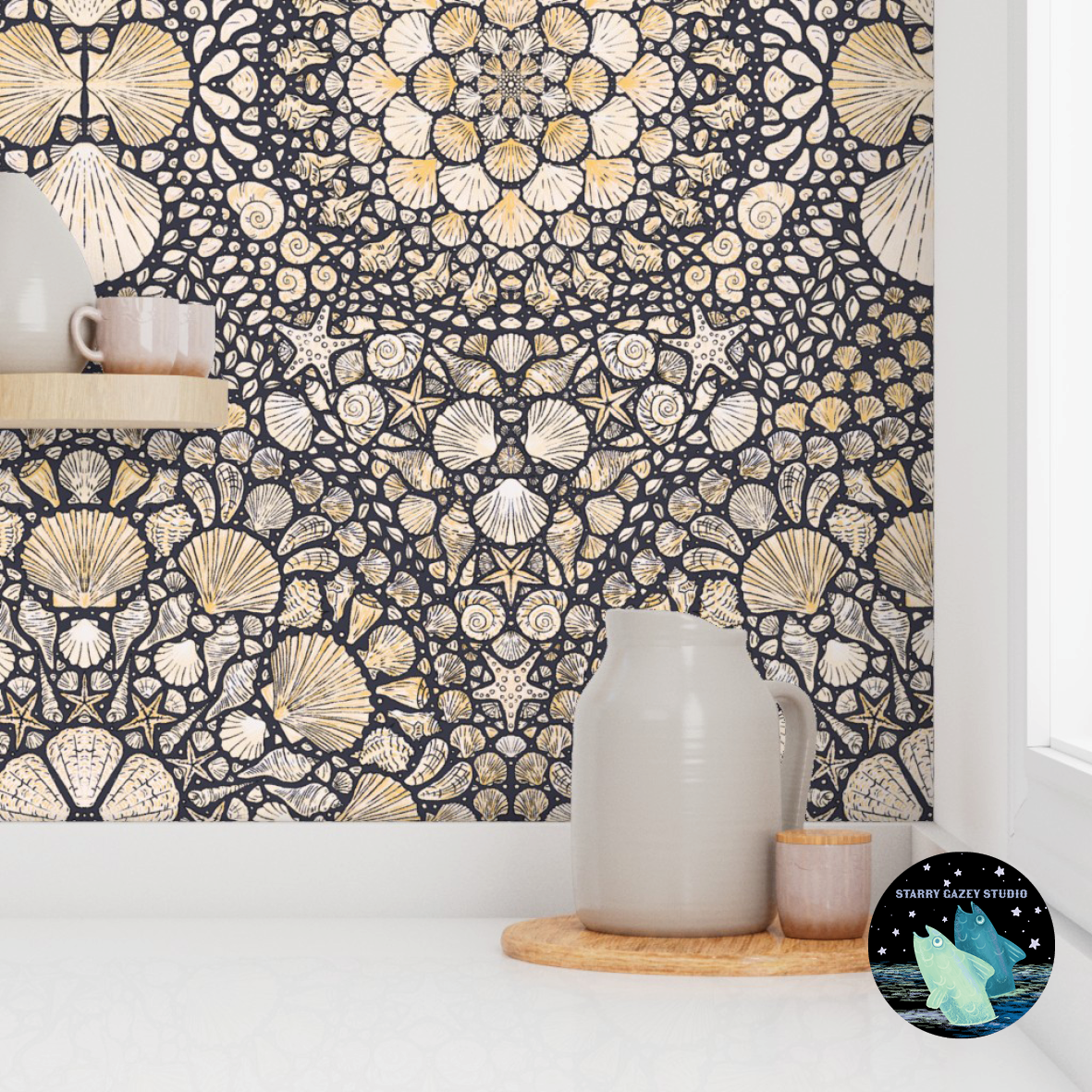 Charcoal and Regency Yellow https://www.spoonflower.com/en/wallpaper/21476583-a-la-ronde-shell-grotto-charcoal-and-regency-yellow-by-starry_gazey_studio