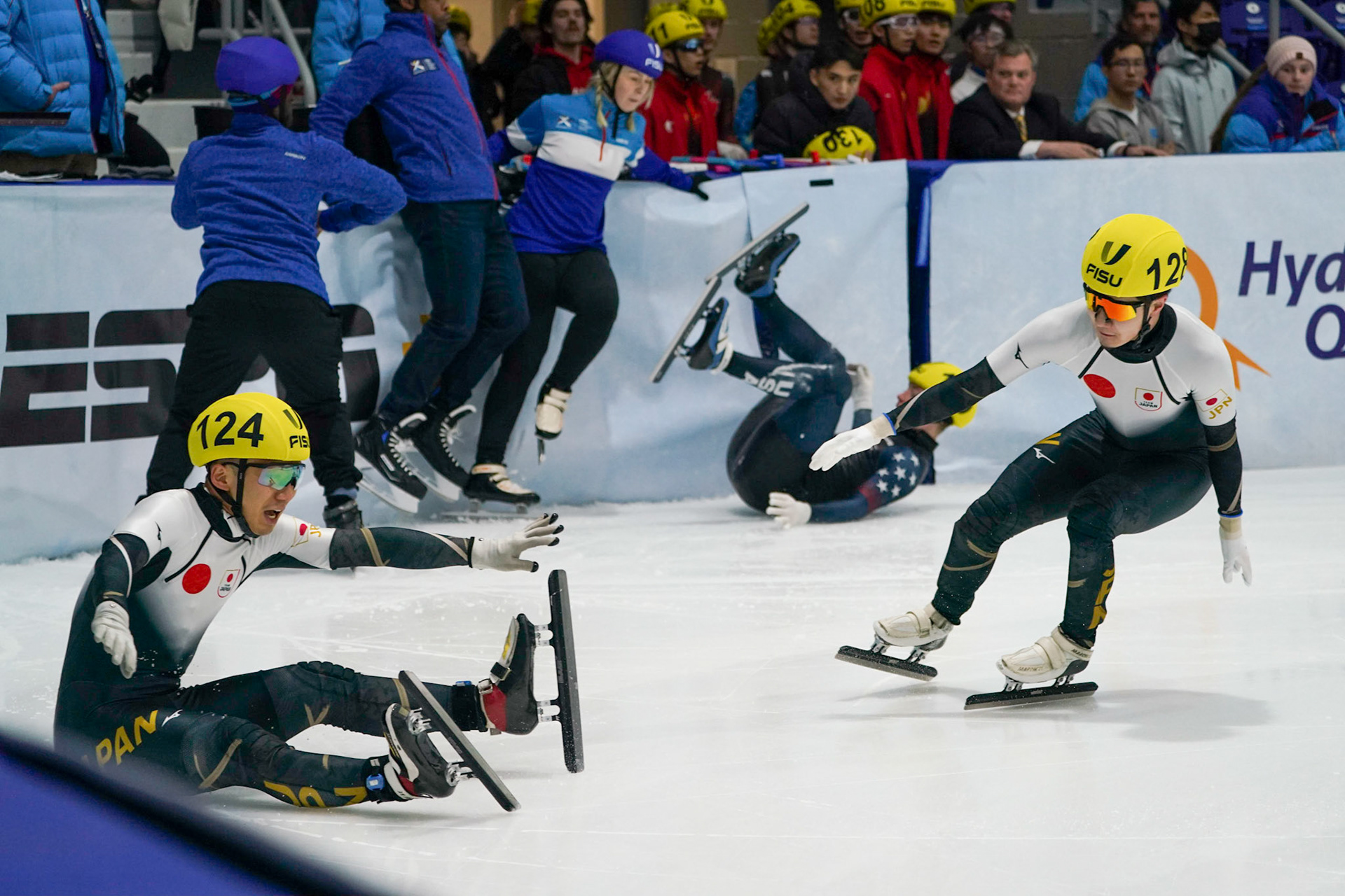 Men and Women Speed Skaters took to the ice in the 1932 rink during the Mix Team Relay Short Track Speed Skating event at the 2023 FISU World University Games on January 20, 2023 in Lake Placid, New York. (Photo by Bond Demetri Photos/FISU Games)