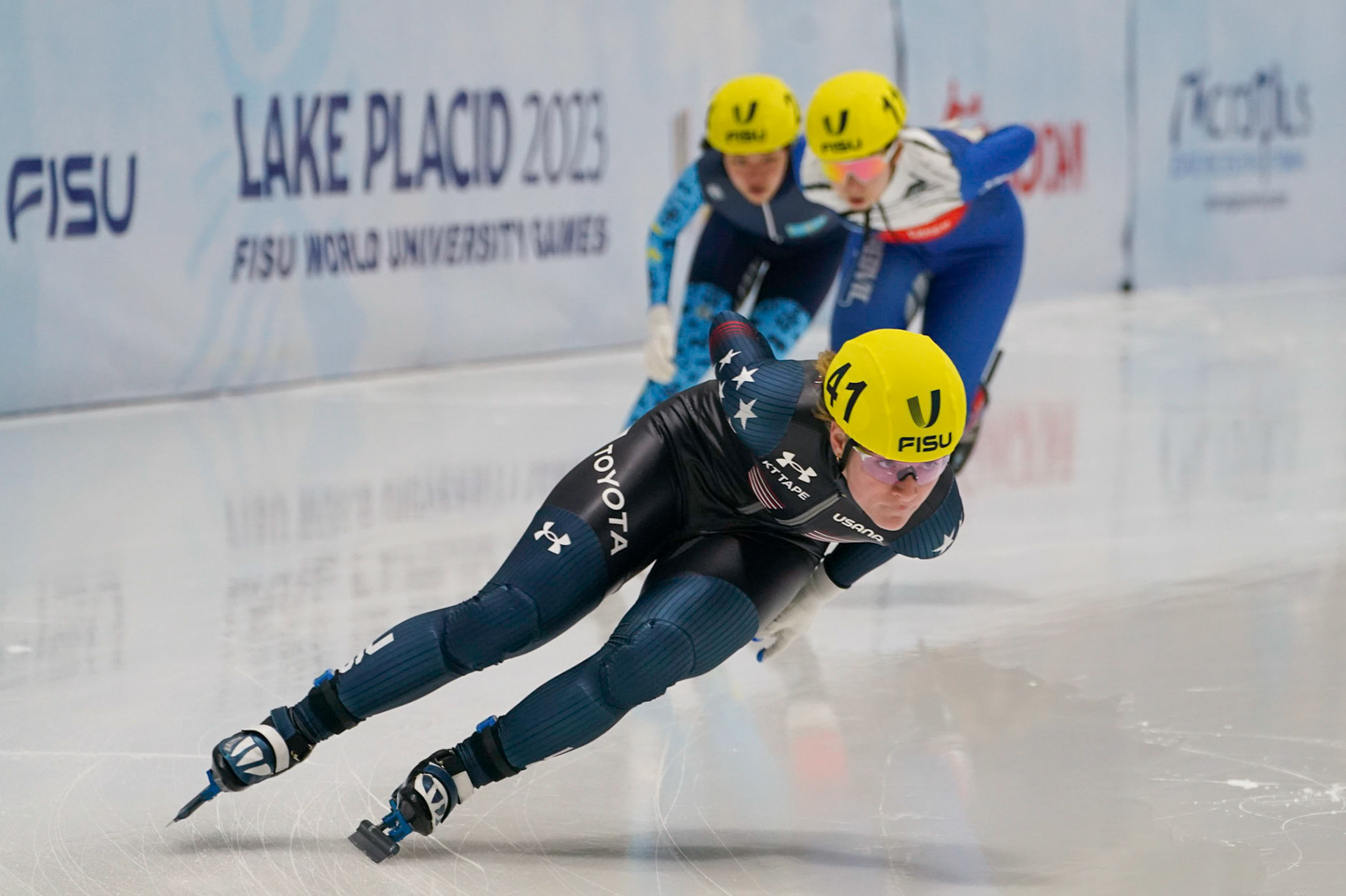 Men and Women Speed Skaters took to the ice in the 1932 rink during the 1500m Short Track Speed Skating event at the 2023 FISU World University Games on January 19, 2023 in Lake Placid, New York. (Photo by Bond Demetri Photos/FISU Games)
