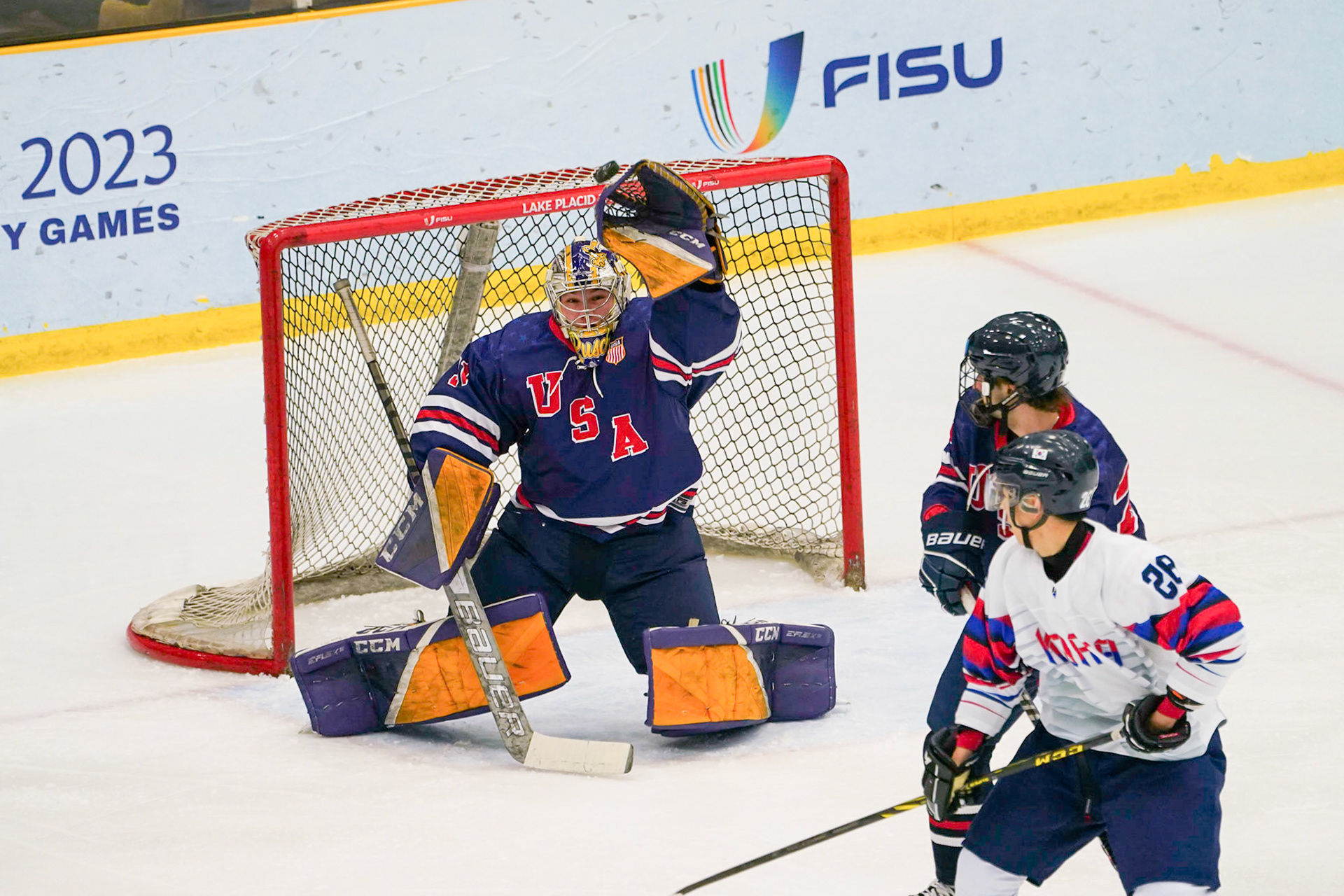 The United States took on South Korea during Men's Ice Hockey at the 2023 FISU World University Games on January 14, 2023 in Potsdam, New York. (Photo by Bond Demetri Photos/FISU Games)