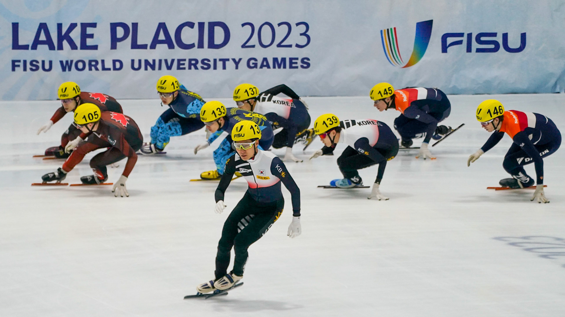 Men Speed Skaters took to the ice in the 1932 rink during the Men's 5000m Relay Short Track Speed Skating event at the 2023 FISU World University Games on January 20, 2023 in Lake Placid, New York. (Photo by Bond Demetri Photos/FISU Games)