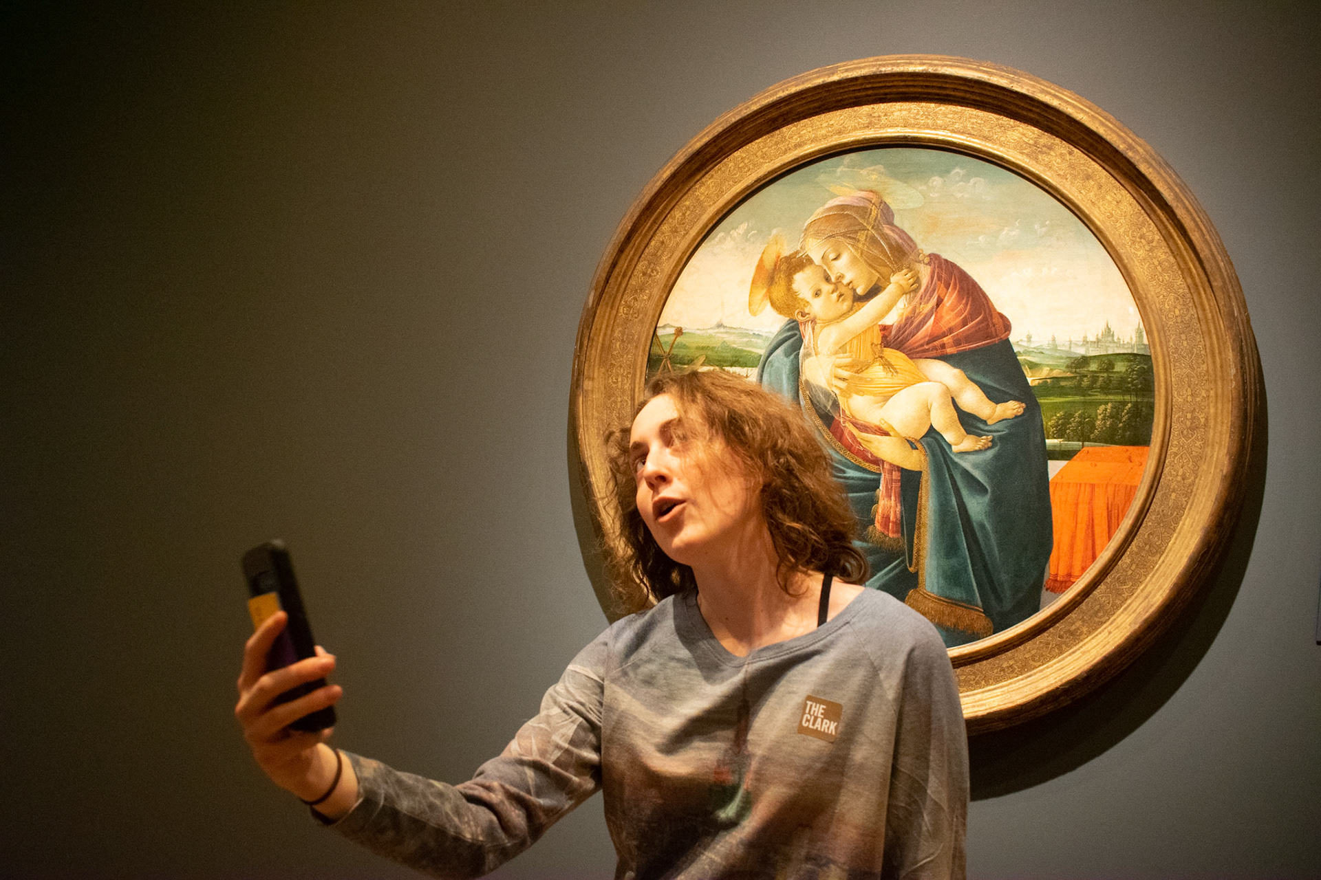 Sophie Throop takes a selfie mocking the face of Baby Jesus. I decided to position her for this shot as she stood there making fun of the image for about 5 minutes. Plus the lighting is nice. This was taken at the Clark Institute on February 22nd.