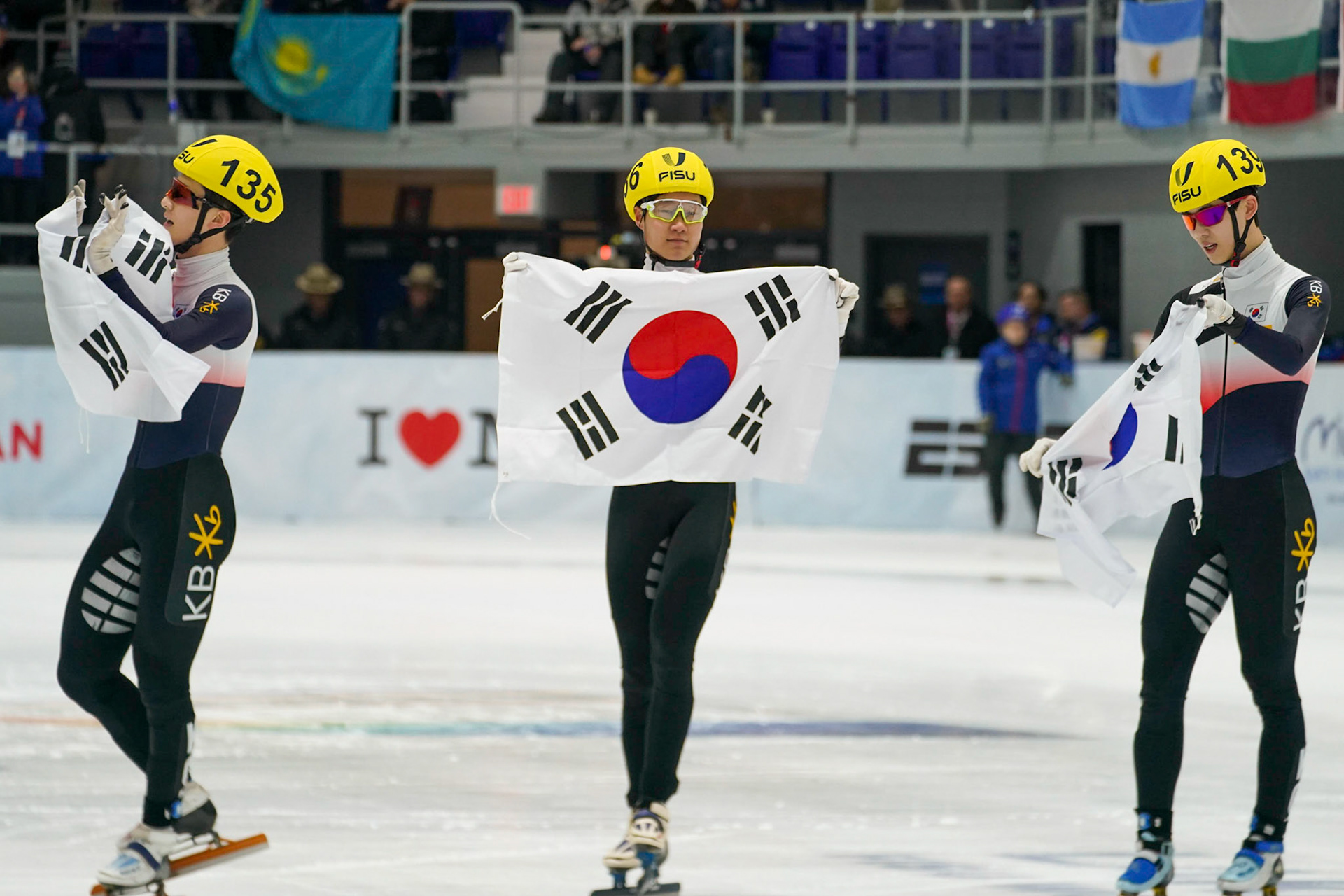 Men Speed Skaters took to the ice in the 1932 rink during the Men's 5000m Relay Short Track Speed Skating event at the 2023 FISU World University Games on January 20, 2023 in Lake Placid, New York. (Photo by Bond Demetri Photos/FISU Games)