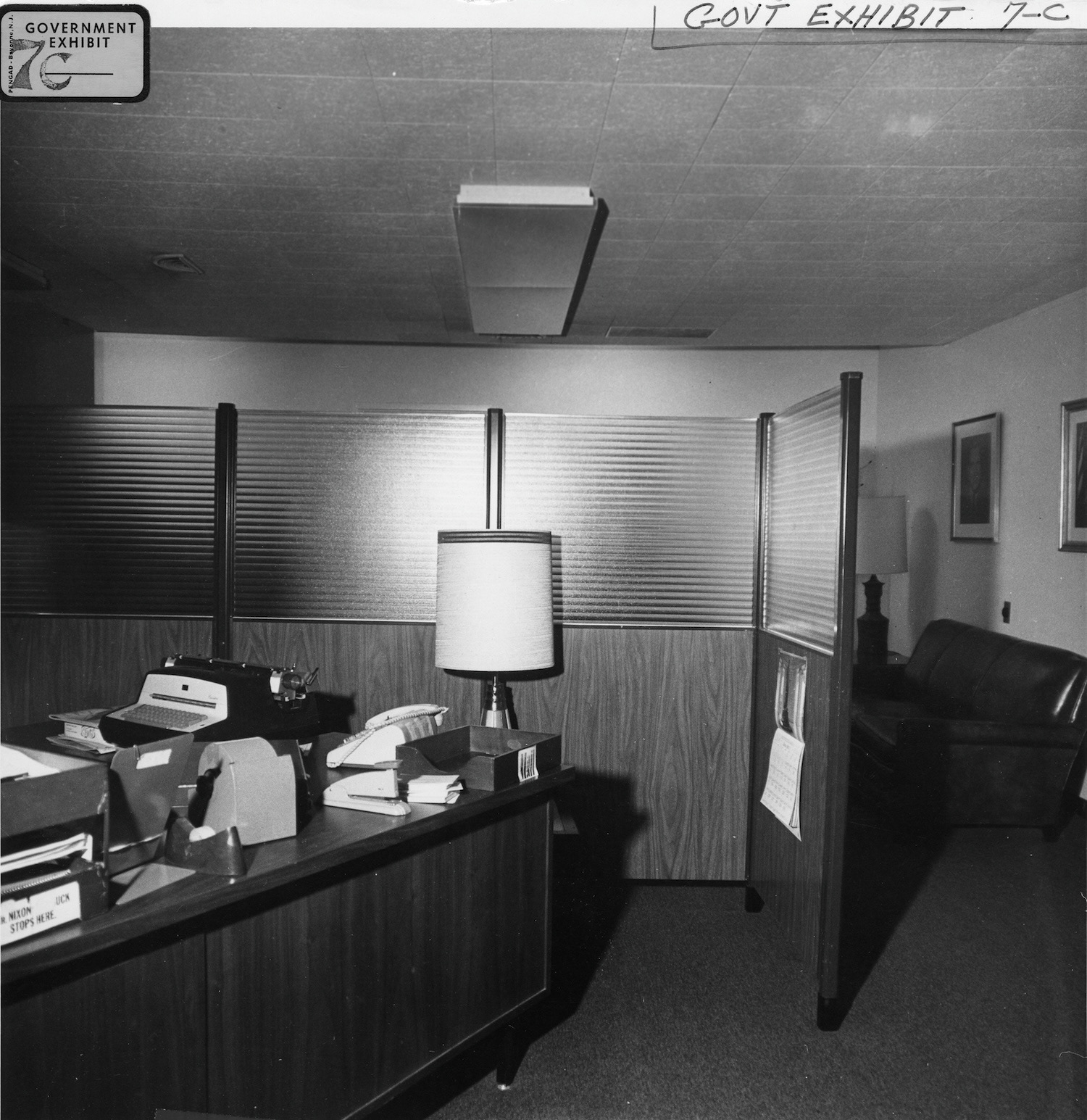 The office partition in DNC Watergate headquarters where the five burglars were hiding when they were caught, 17 June 1972 (US National Archives)
