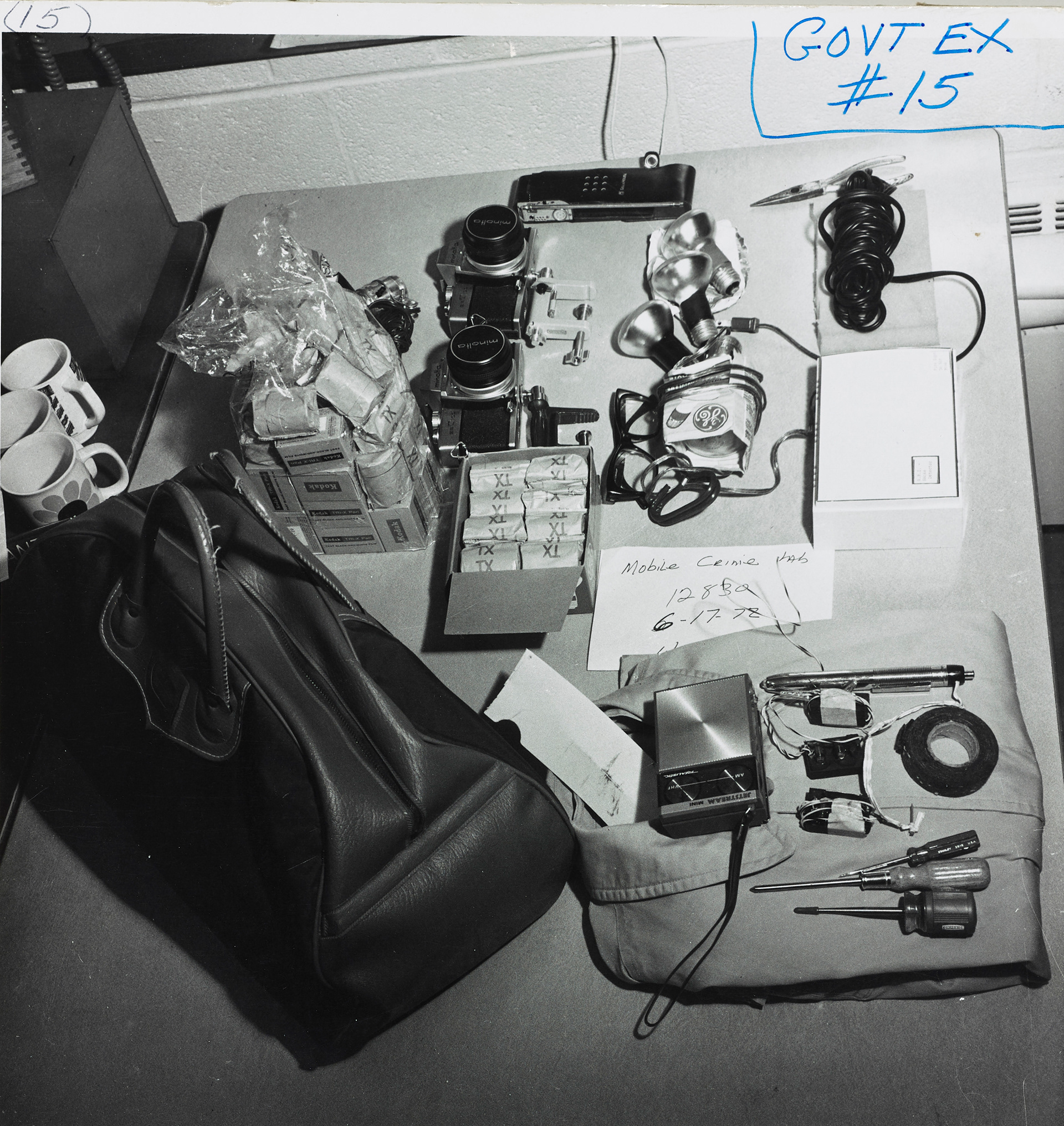 The contents of the bag Rolando Martinez was carrying during the Watergate burglary, including three bugs and two cameras, 17 June 1972 (US National Archives)