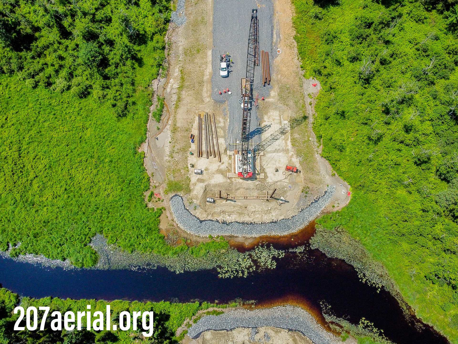 Aerial view of Eaton Brook bridge crossing and construction in Brewer, Maine. July 2023.