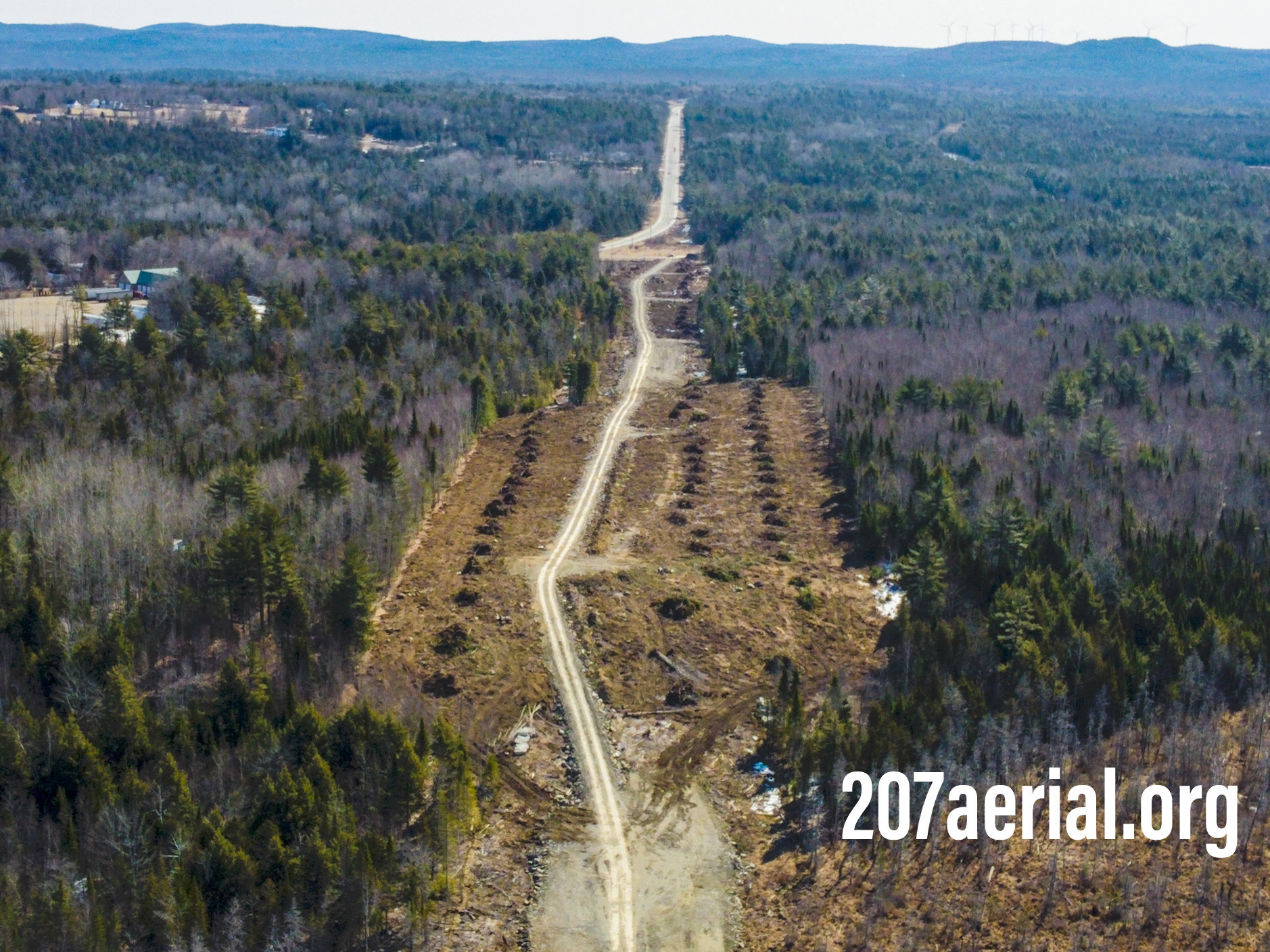Aerial view facing Route 9 in Eddington, Maine. (April 2023)
