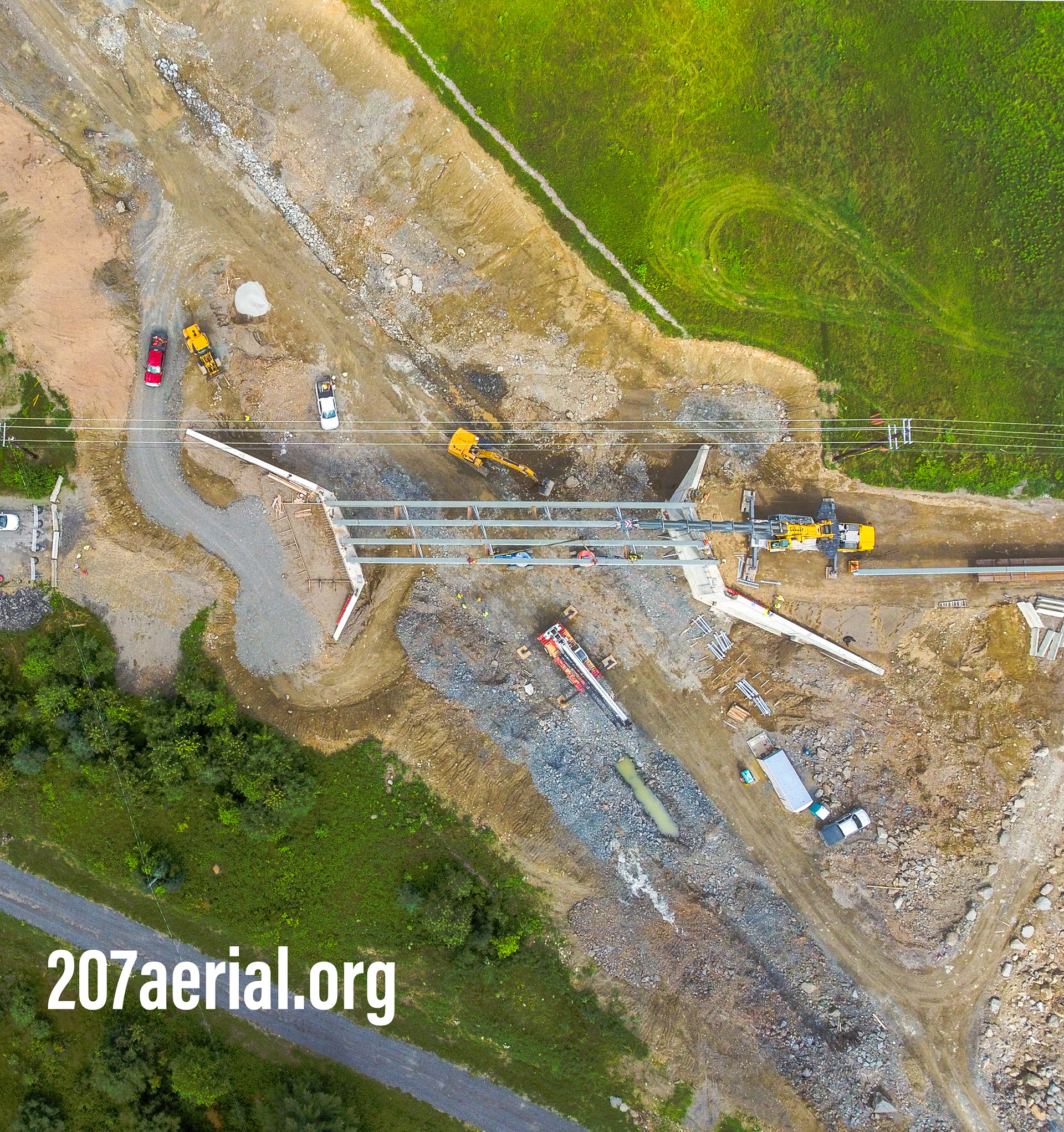 Top-down view of bridge installation on clewleyville road in Eddington, Maine. July 2023.