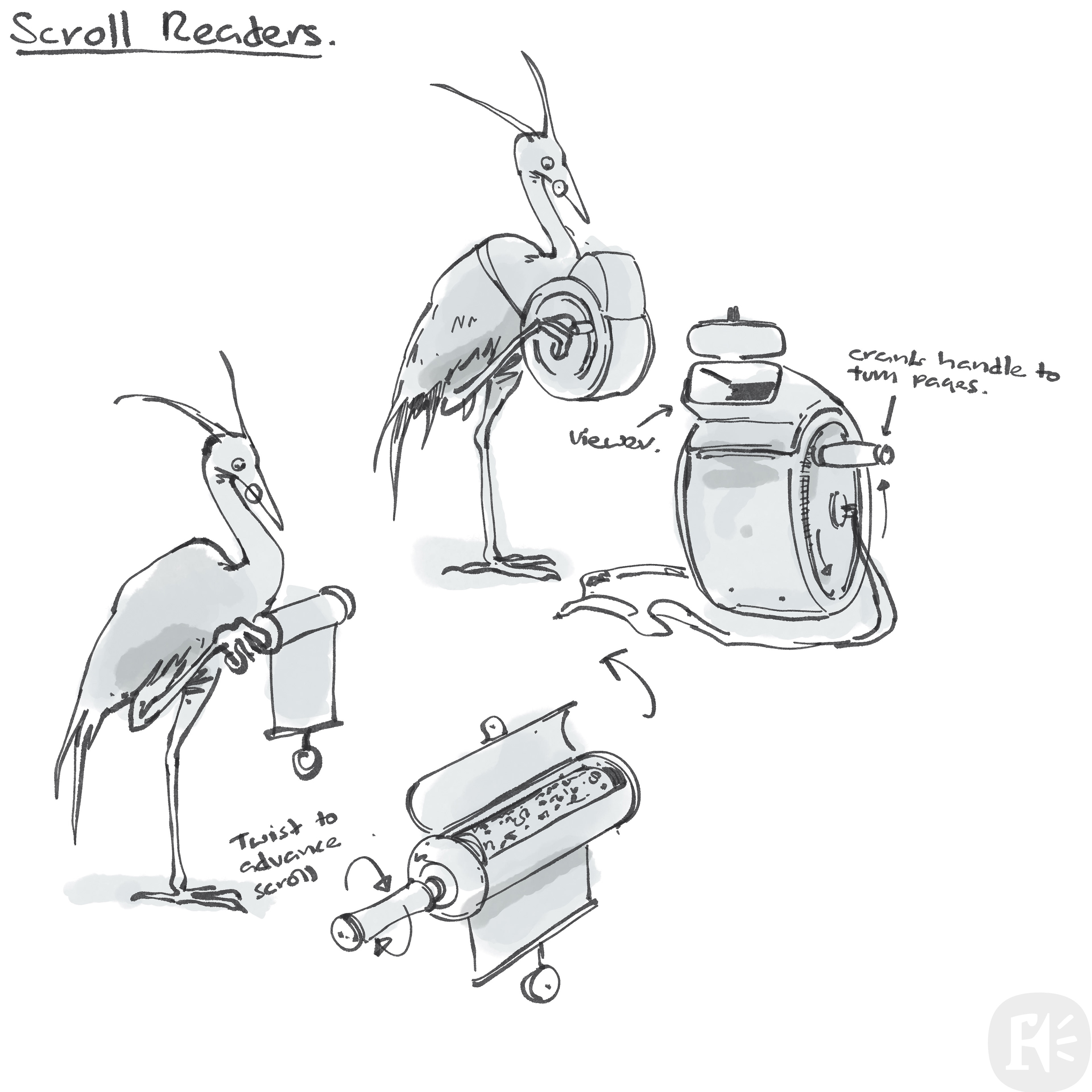 Development sketches for the crane professor's reading device