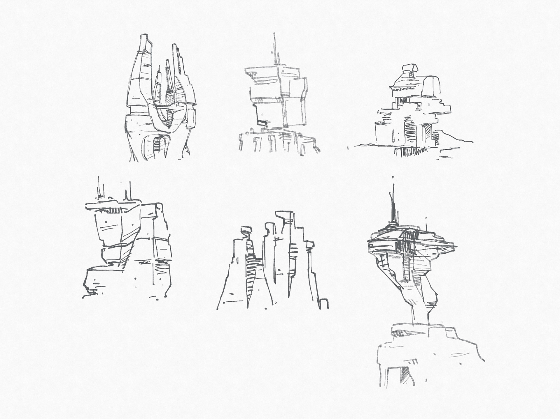 Doodles for futuristic city buildings.