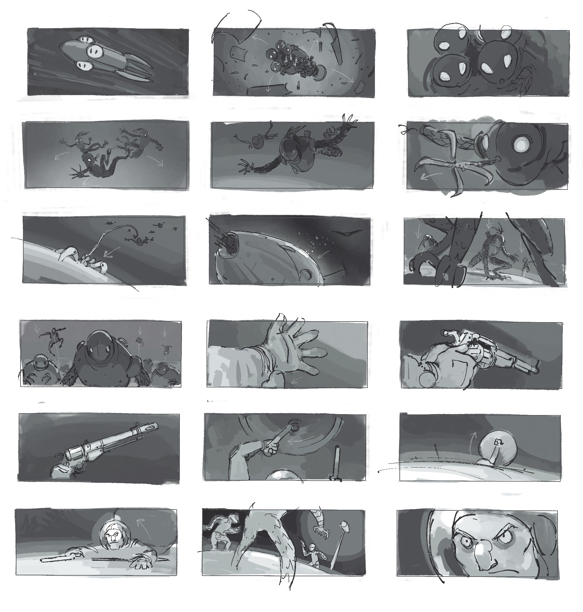 Storyboards for the boarding sequence.