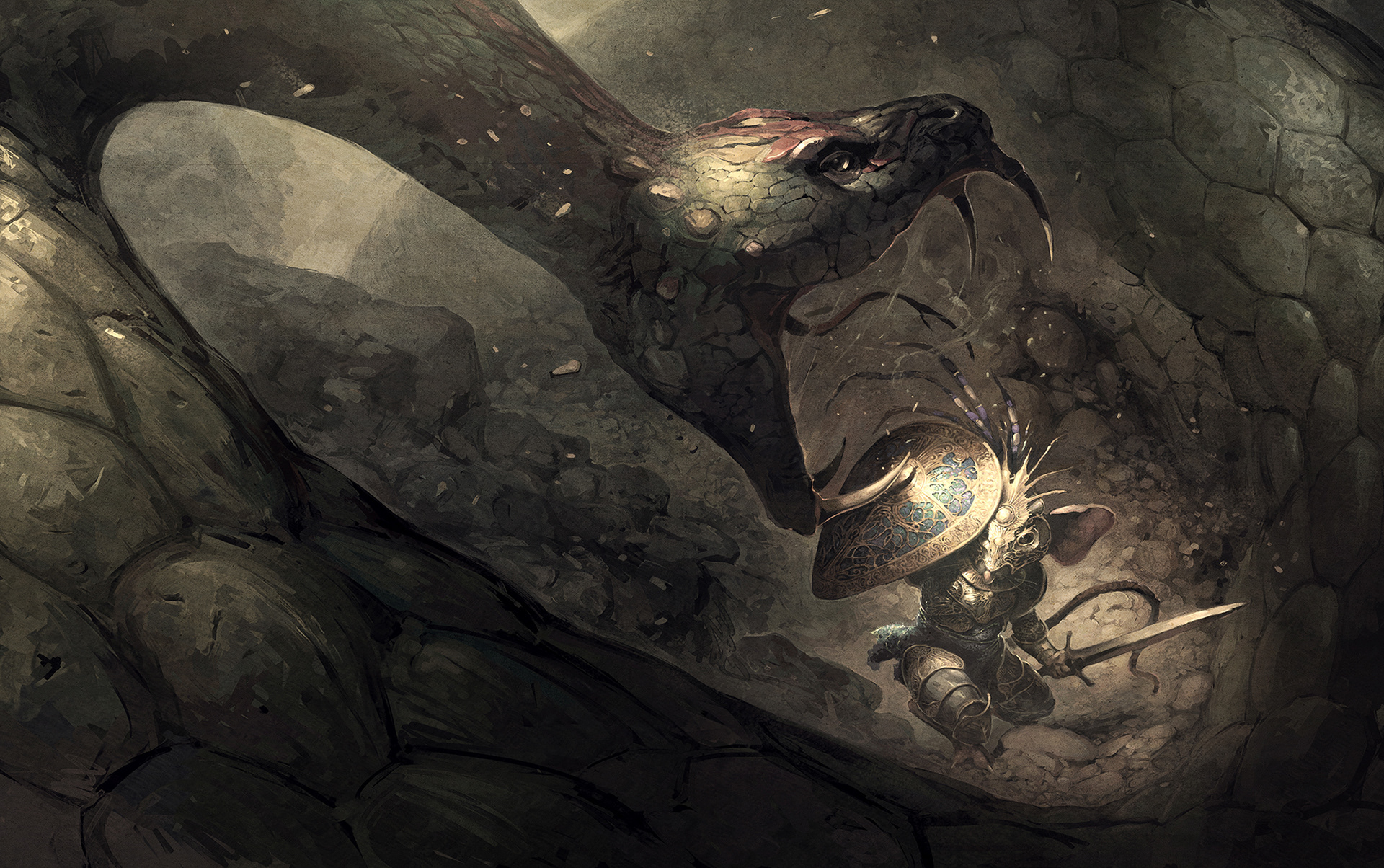 The world of Bleak Mouse is one full of legends. Here, A river knight fights a serpent: the deadly Smoking Mirror. 