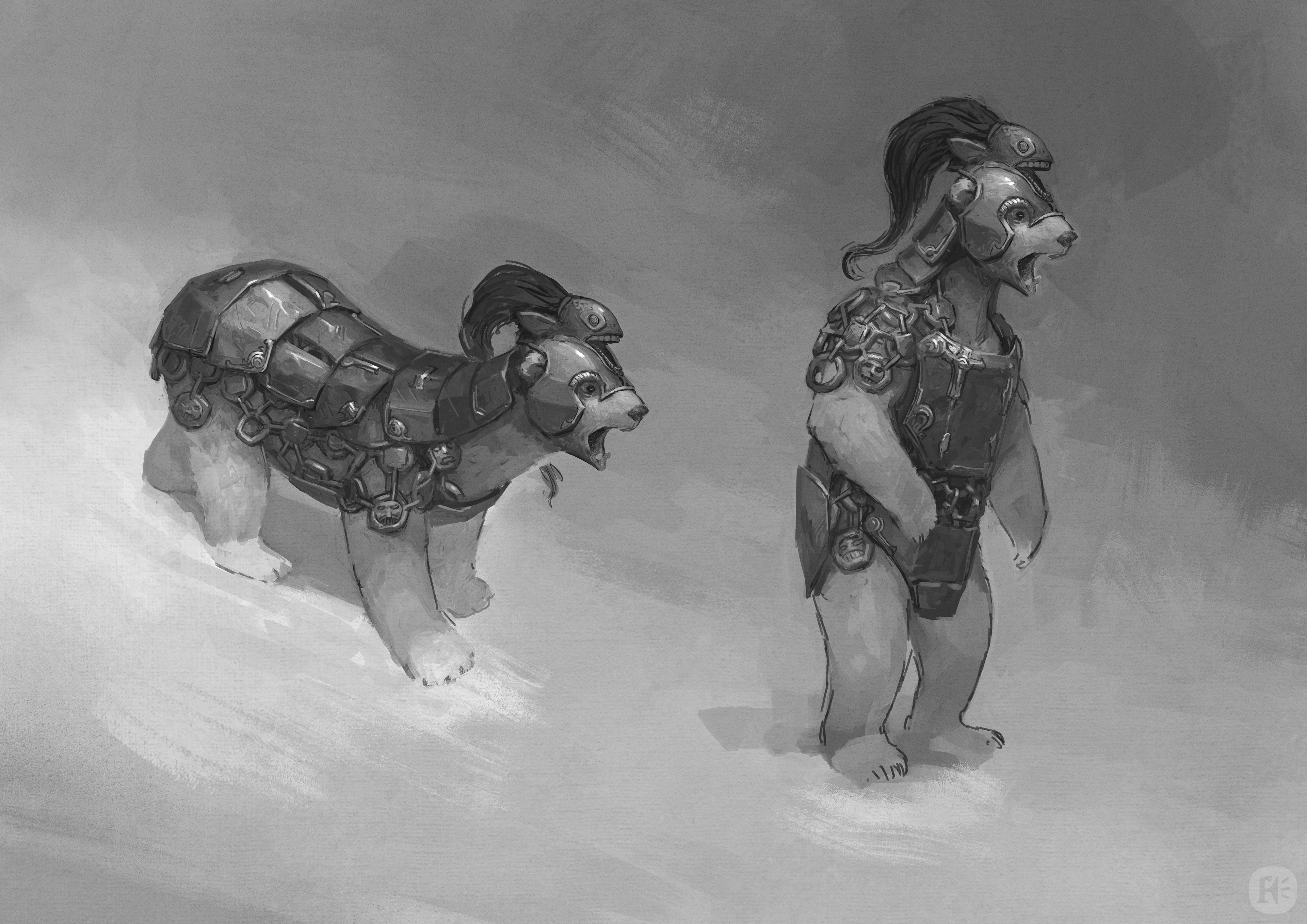 A design for the palace bears, whose armour shows more human influence