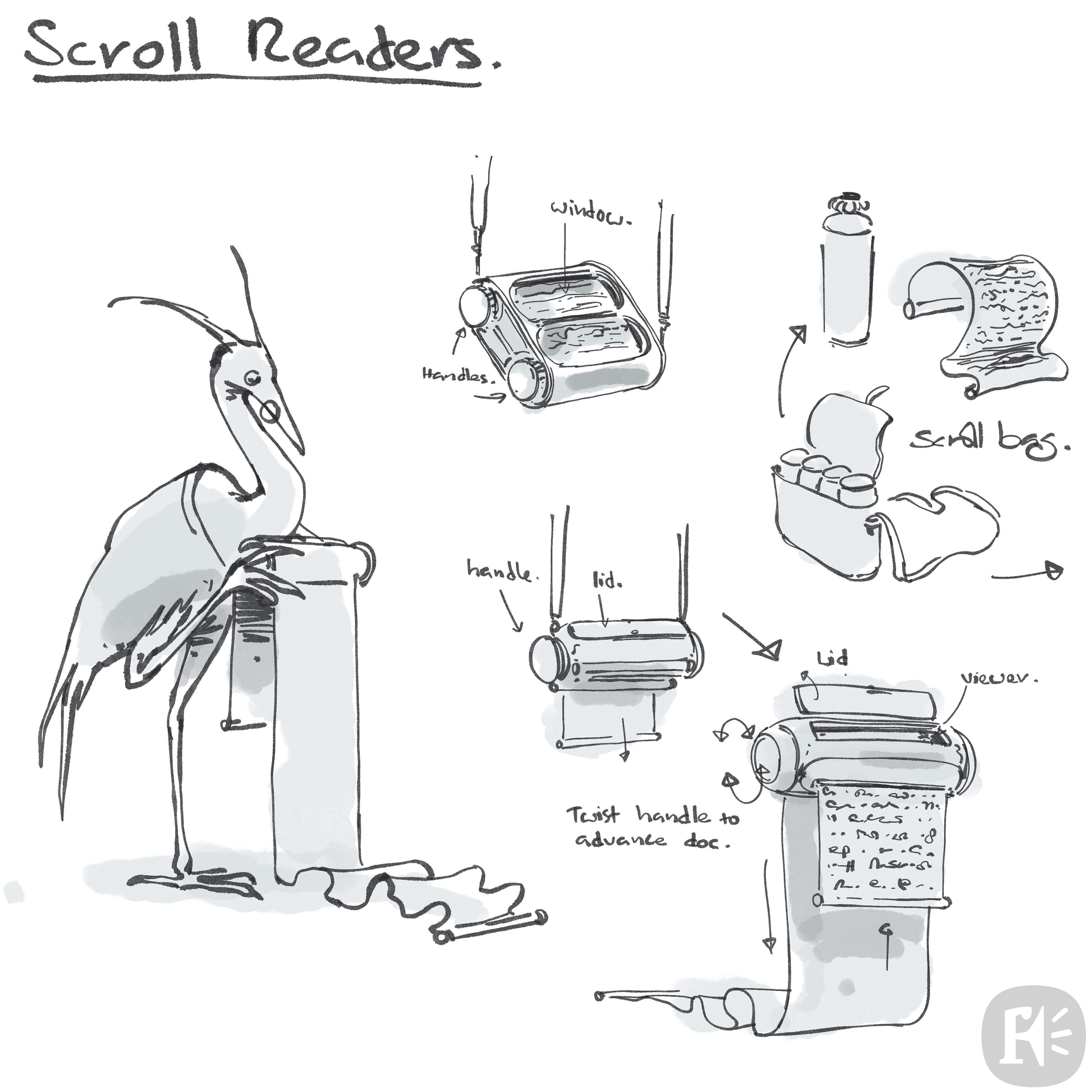 Development sketches for the crane professor's reading device